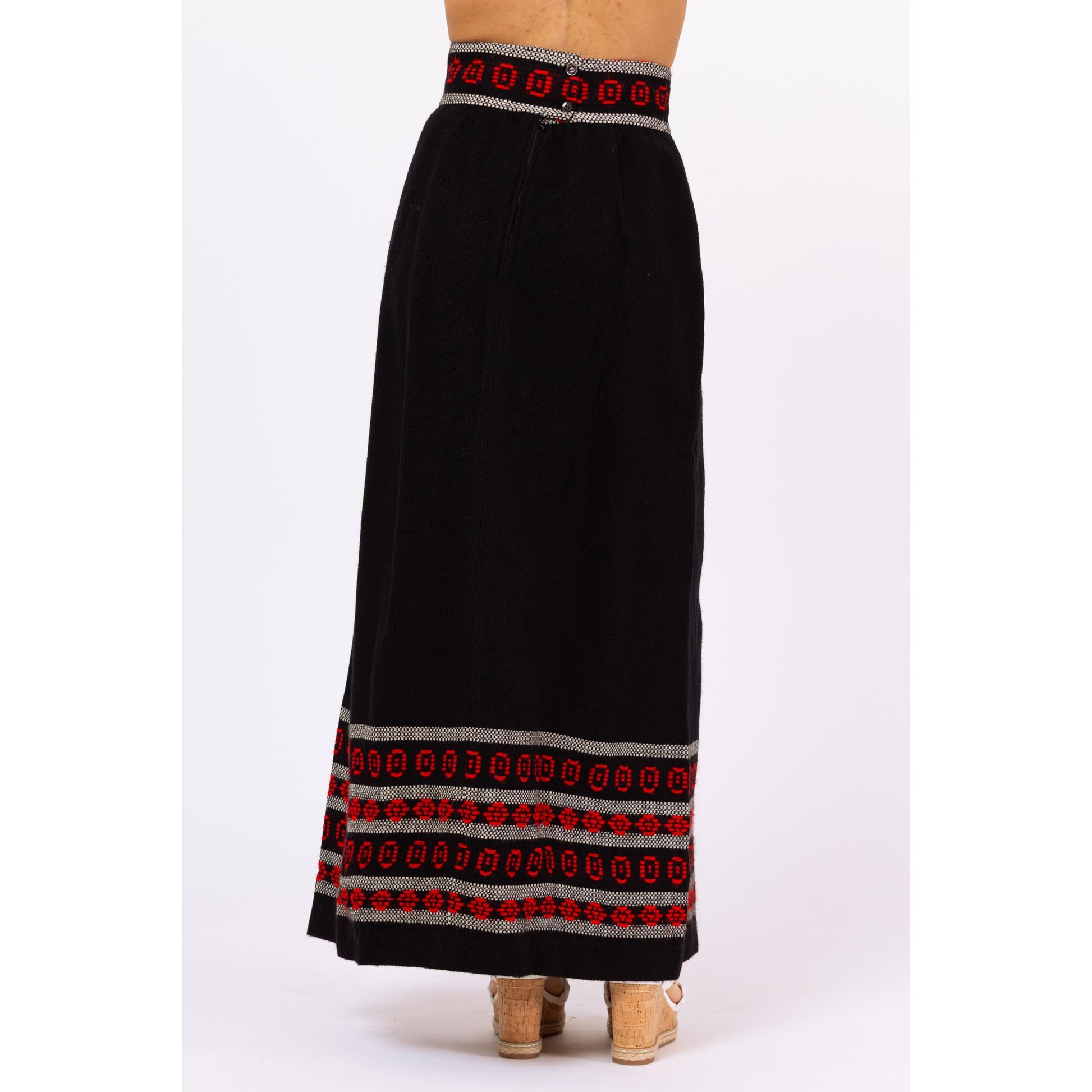 Vintage 70s Woven Black & Red Wool Maxi Skirt - Small, 27" Waist | Geometric Knit Long Skirt, Boho Folk Winter Skirt