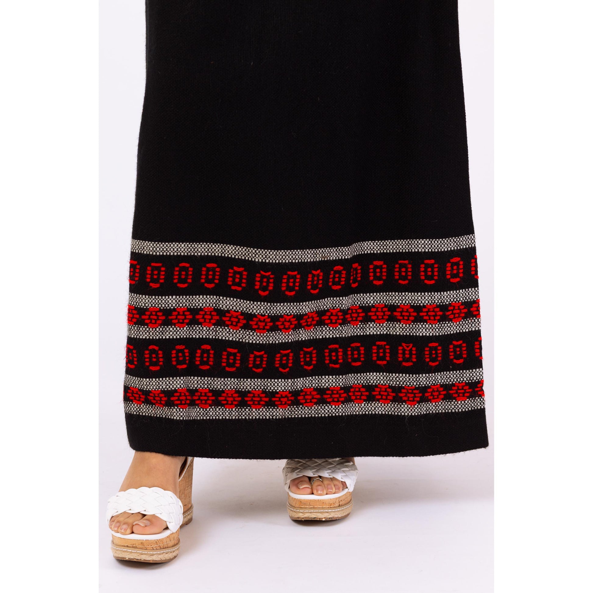 Vintage 70s Woven Black & Red Wool Maxi Skirt - Small, 27" Waist | Geometric Knit Long Skirt, Boho Folk Winter Skirt