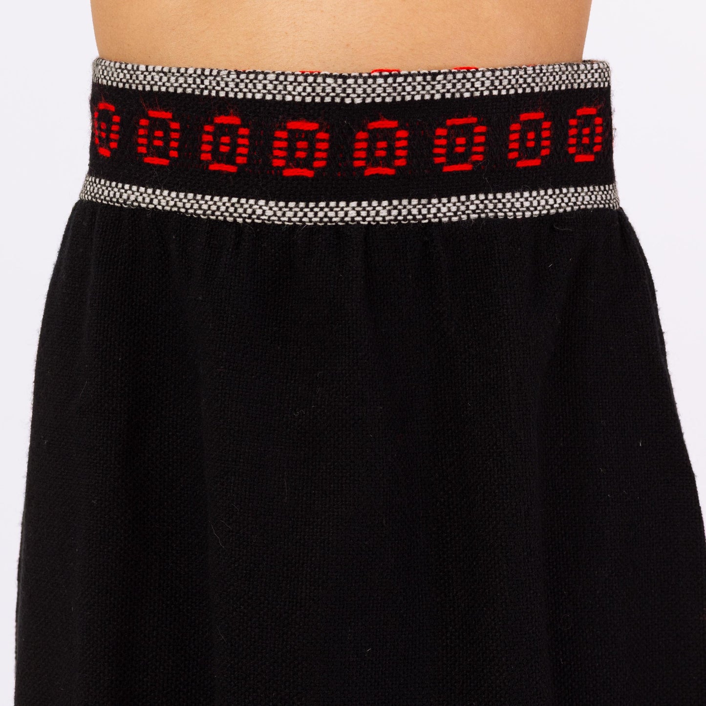Vintage 70s Woven Black & Red Wool Maxi Skirt - Small, 27" Waist | Geometric Knit Long Skirt, Boho Folk Winter Skirt