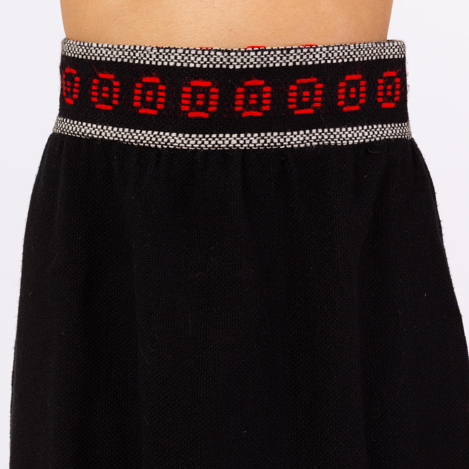 Vintage 70s Woven Black & Red Wool Maxi Skirt - Small, 27" Waist | Geometric Knit Long Skirt, Boho Folk Winter Skirt