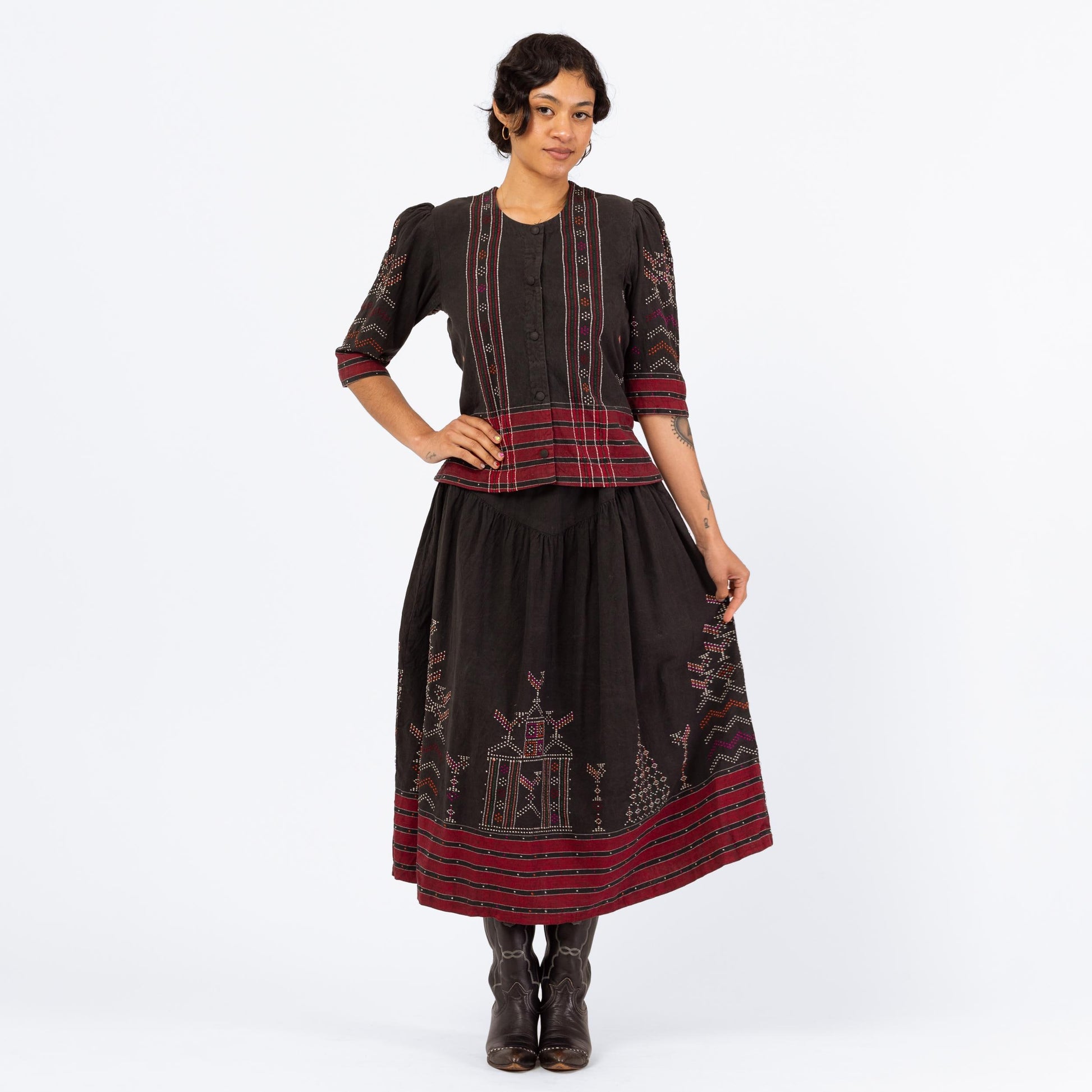 Vintage Black & Red Embroidered Folk Skirt Set - Small | Boho Eastern European Cotton Puff Sleeve Peasant Top Midi Skirt