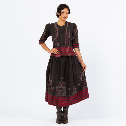 Vintage Black & Red Embroidered Folk Skirt Set - Small | Boho Eastern European Cotton Puff Sleeve Peasant Top Midi Skirt