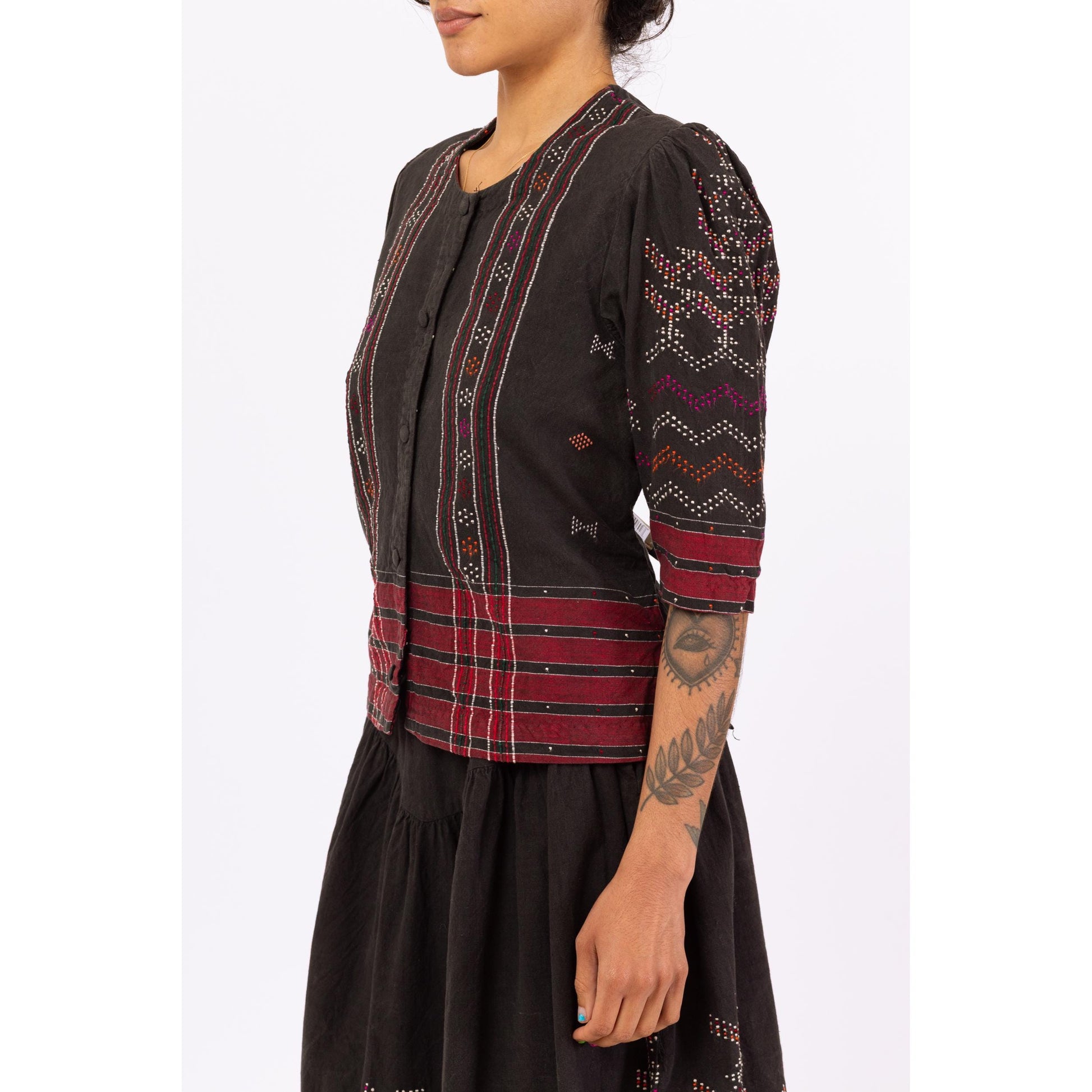Vintage Black & Red Embroidered Folk Skirt Set - Small | Boho Eastern European Cotton Puff Sleeve Peasant Top Midi Skirt