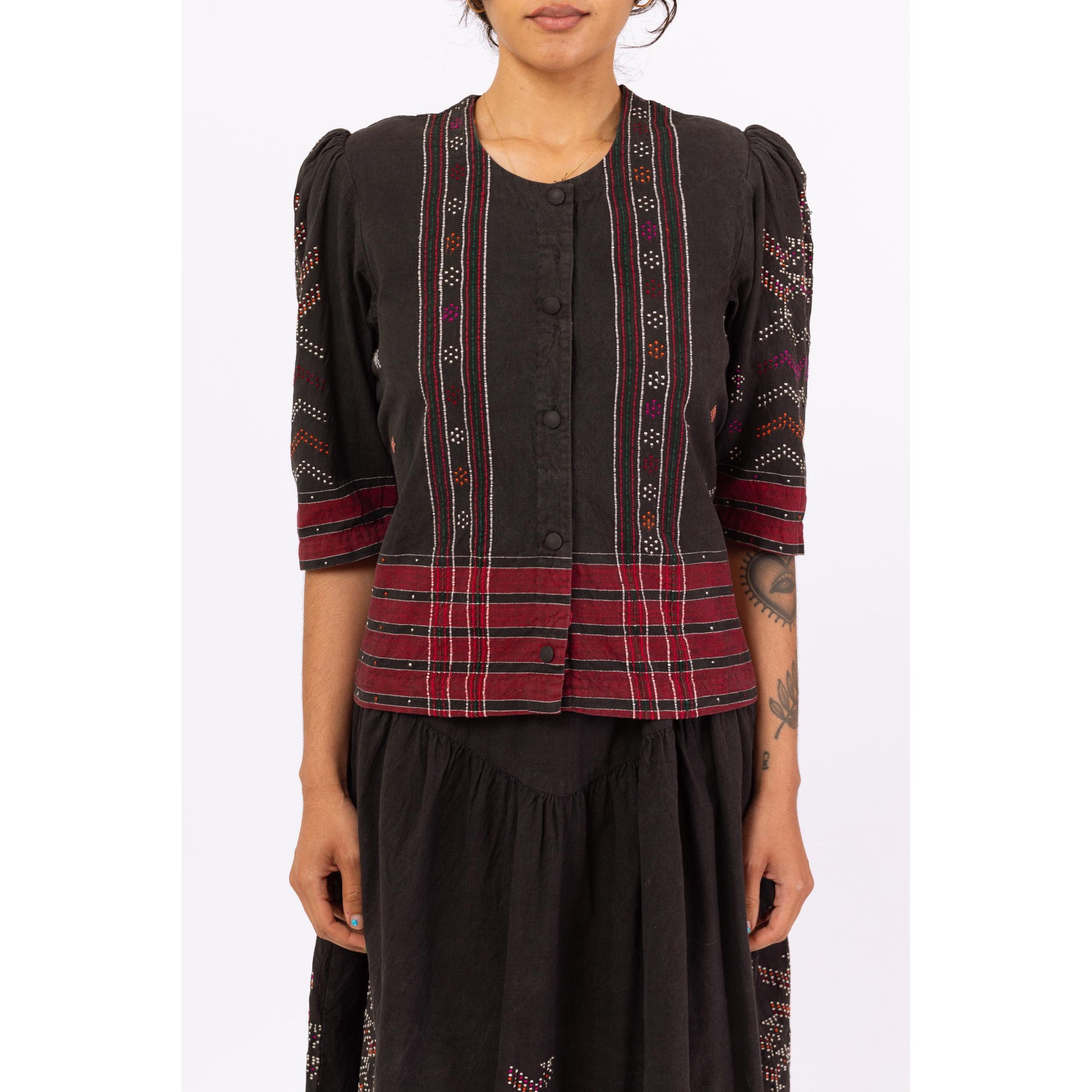 Vintage Black & Red Embroidered Folk Skirt Set - Small | Boho Eastern European Cotton Puff Sleeve Peasant Top Midi Skirt