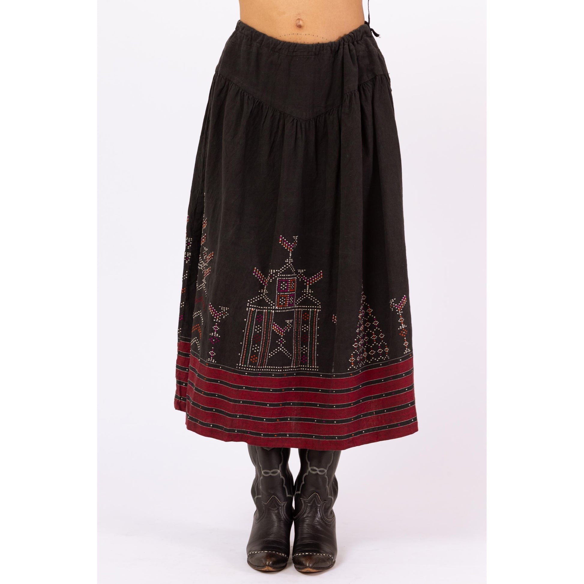 Vintage Black & Red Embroidered Folk Skirt Set - Small | Boho Eastern European Cotton Puff Sleeve Peasant Top Midi Skirt