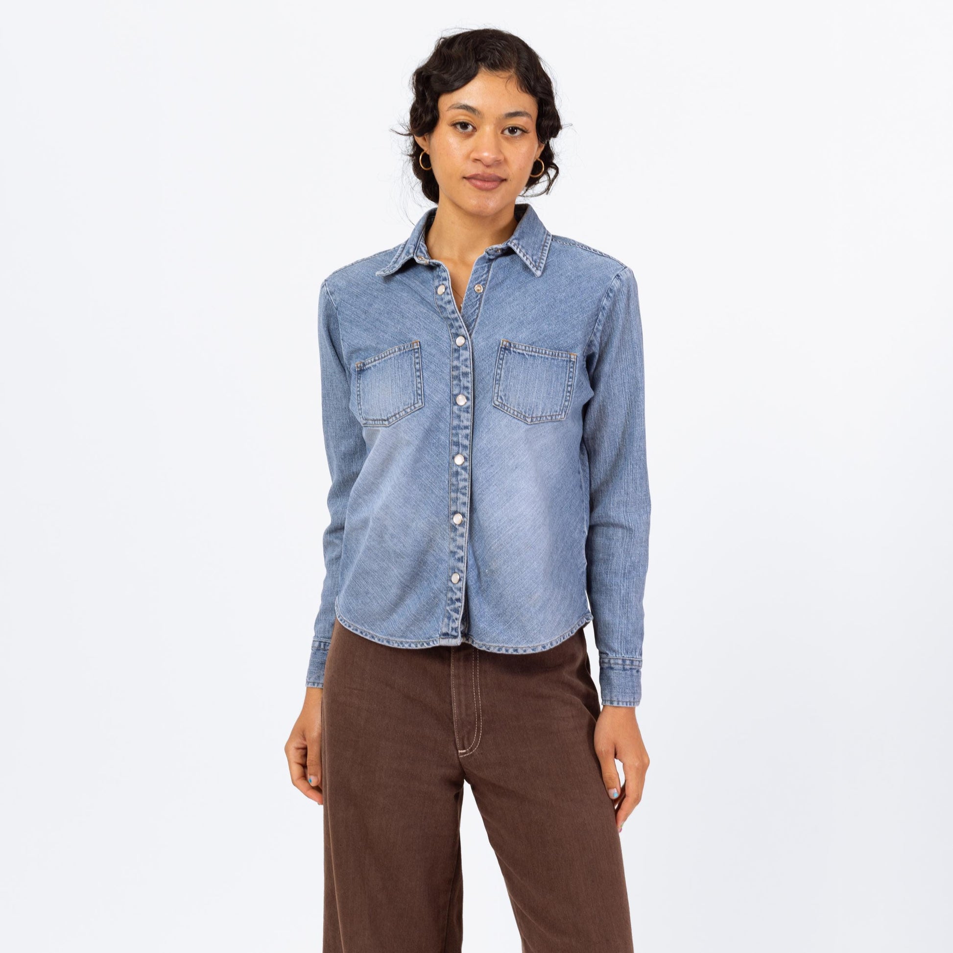 Vintage 90s Pearl Snap Chambray Shirt - Small to Medium | Faded Denim Western Top, Minimalist Long Sleeve Shirt