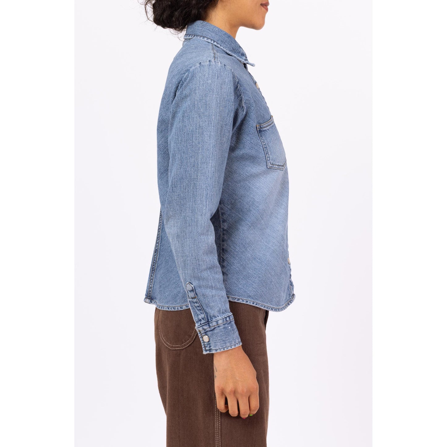 Vintage 90s Pearl Snap Chambray Shirt - Small to Medium | Faded Denim Western Top, Minimalist Long Sleeve Shirt