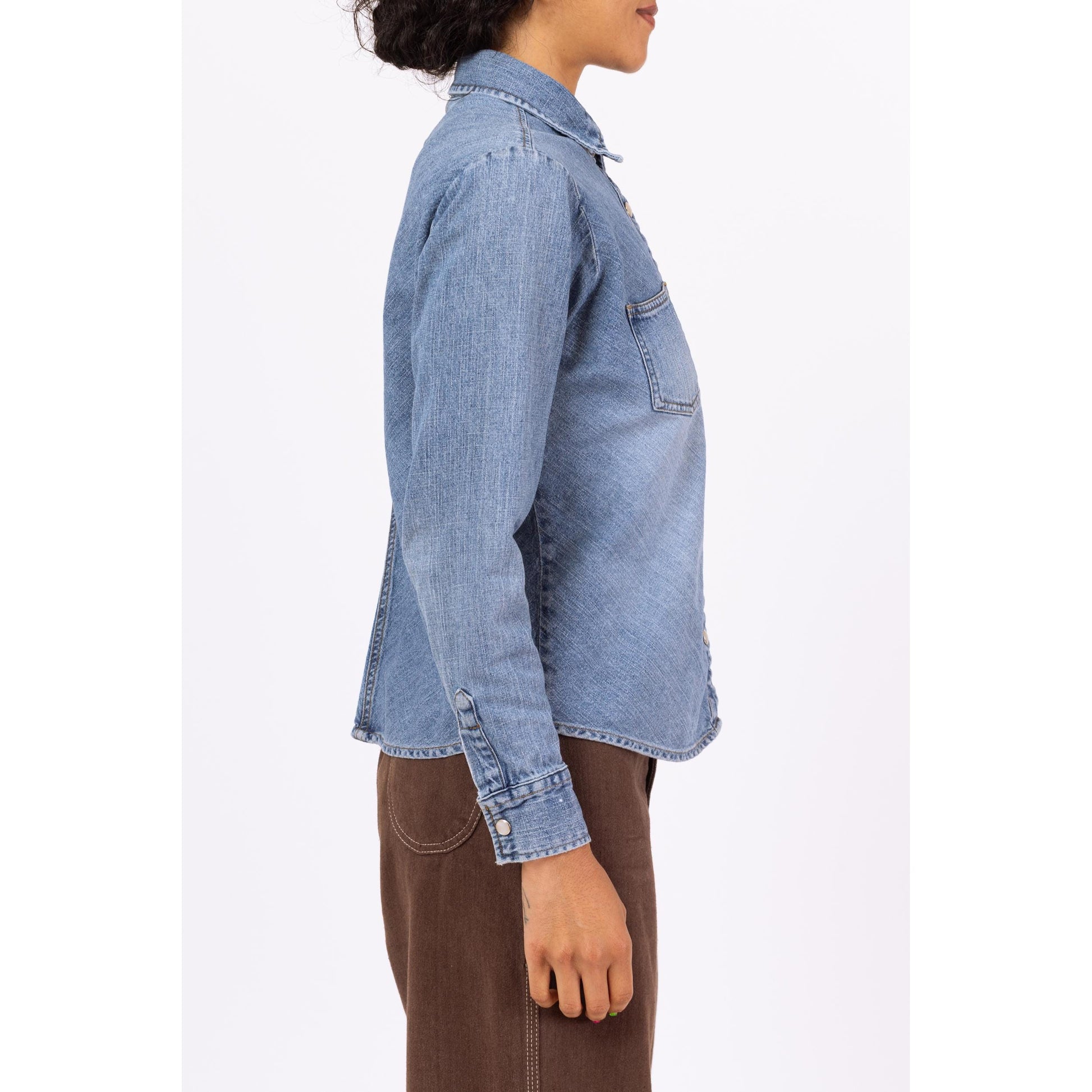 Vintage 90s Pearl Snap Chambray Shirt - Small to Medium | Faded Denim Western Top, Minimalist Long Sleeve Shirt