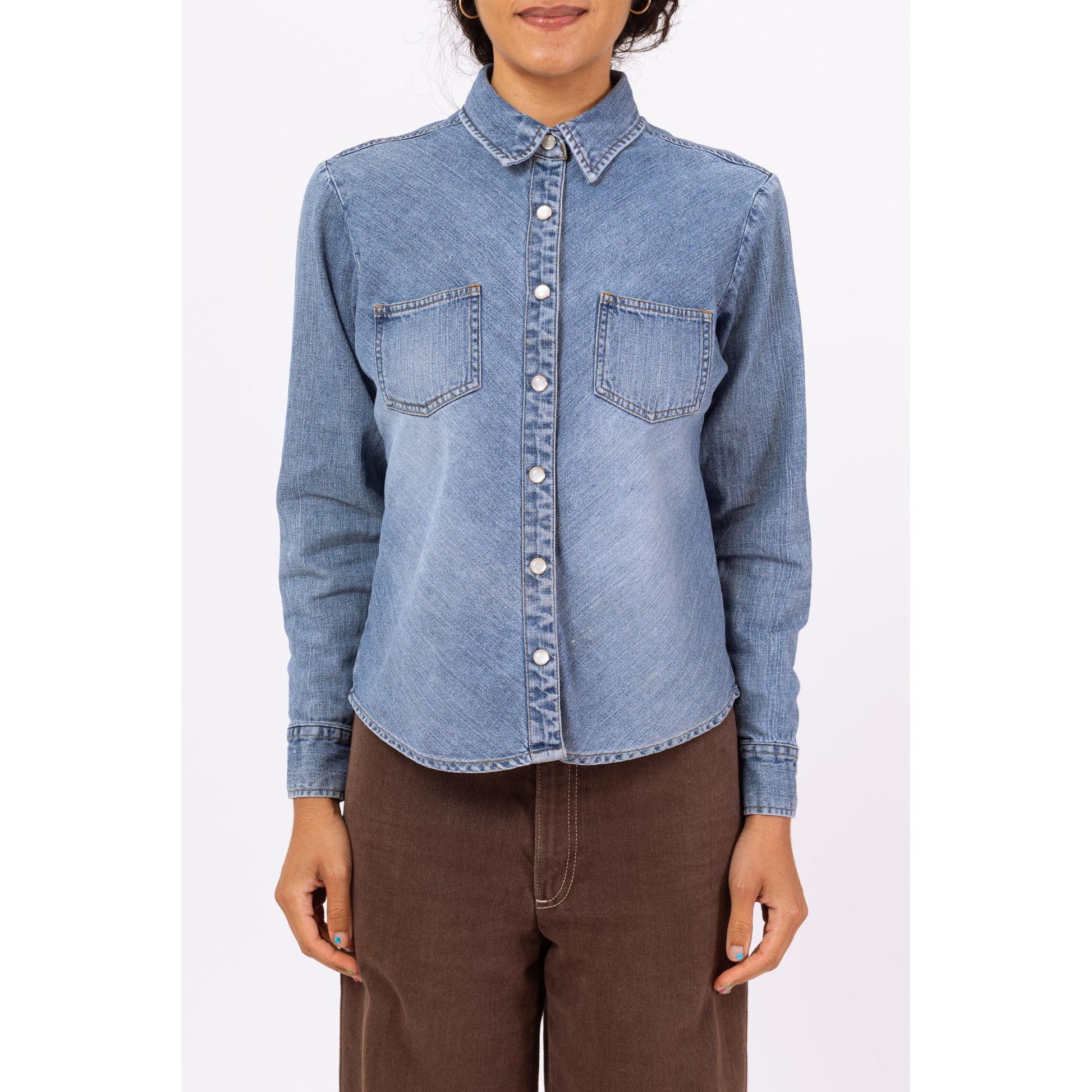 Vintage 90s Pearl Snap Chambray Shirt - Small to Medium | Faded Denim Western Top, Minimalist Long Sleeve Shirt