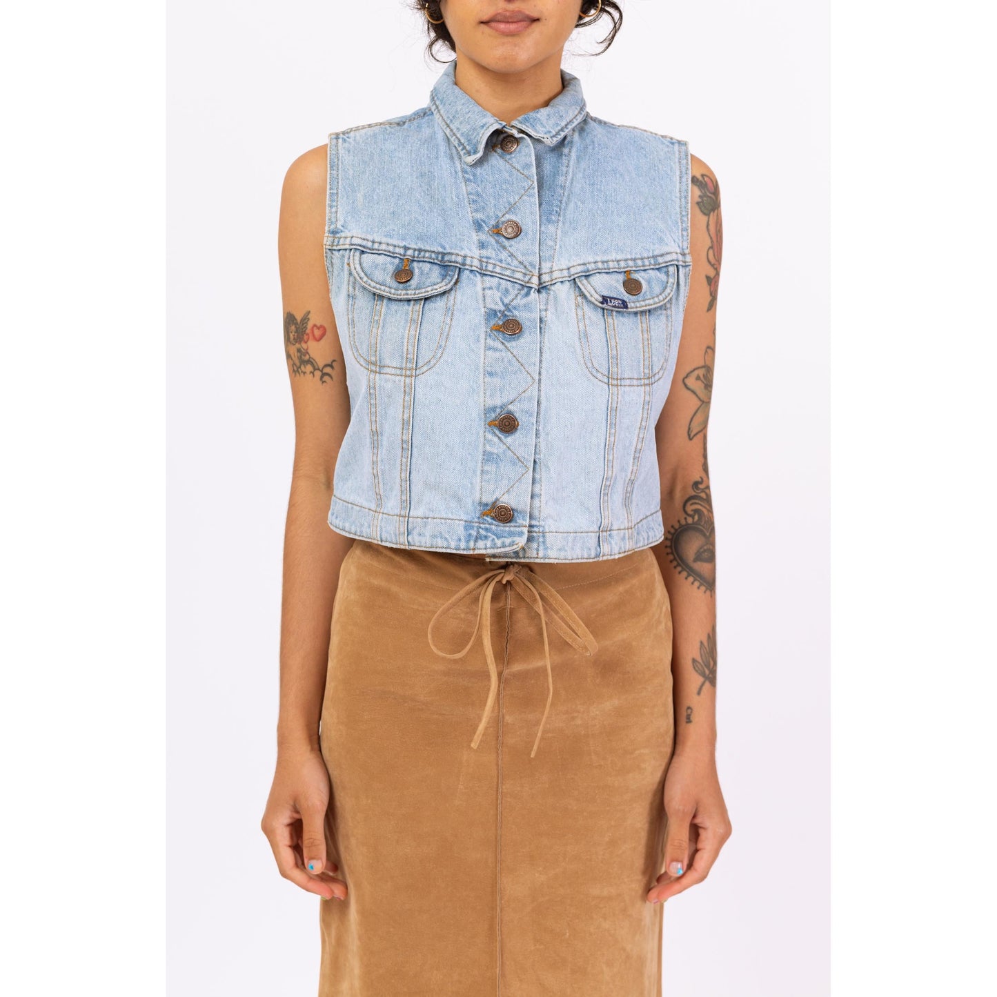 Vintage 90s Lee Light Wash Denim Vest - Medium | Cropped Blue Jean Grunge Top, Sleeveless Button Up Crop Top Vest