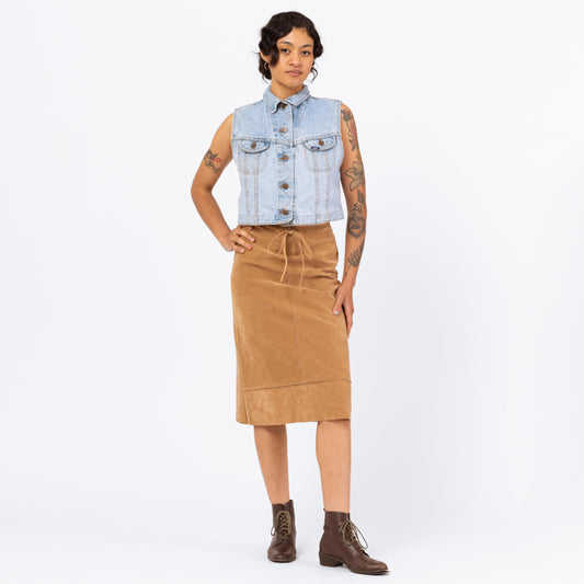Vintage 90s Camel Faux Suede Midi Skirt - Small | A Line Drawstring Waist Minimalist Brown Skirt, Fall Neutral Skirt