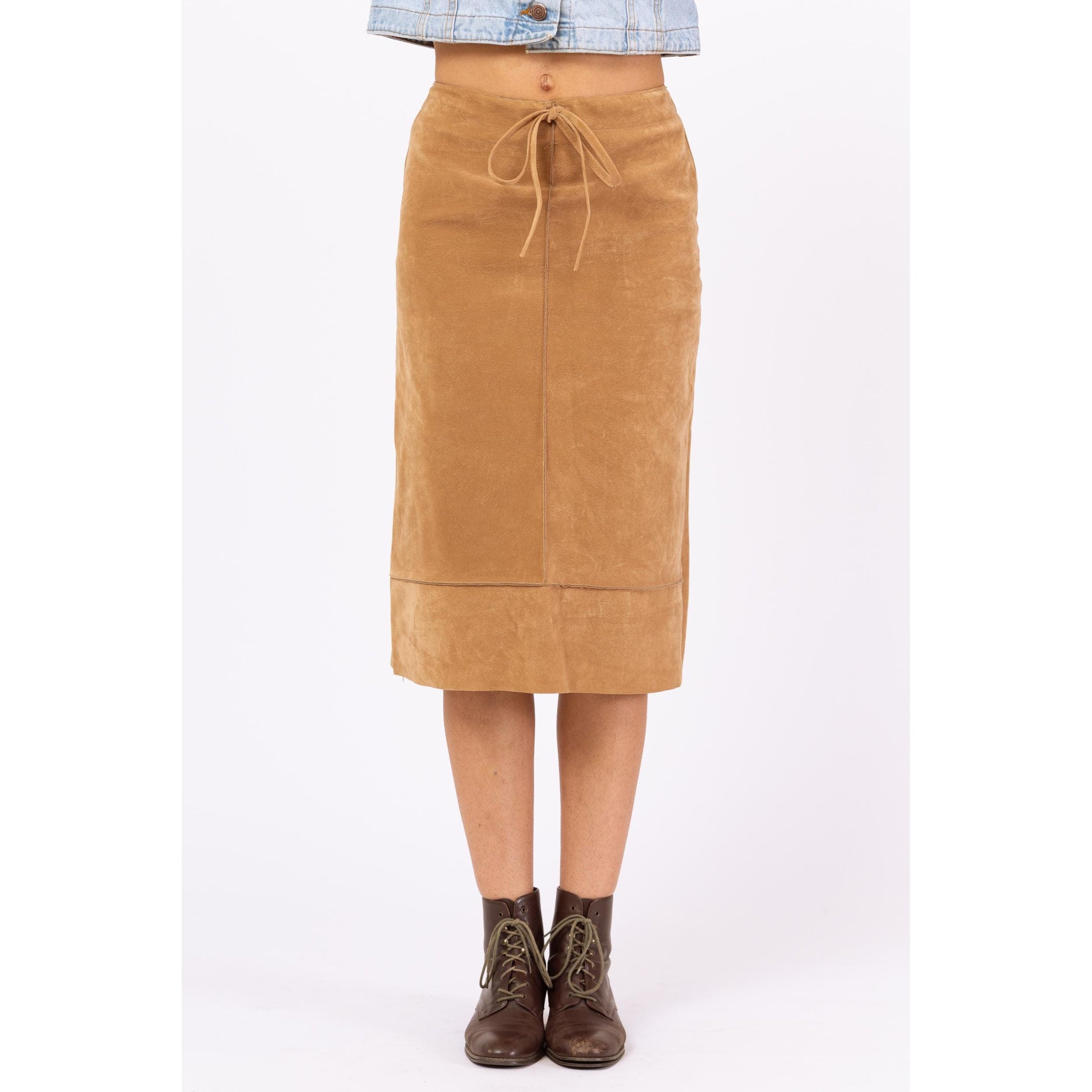 Vintage 90s Camel Faux Suede Midi Skirt - Small | A Line Drawstring Waist Minimalist Brown Skirt, Fall Neutral Skirt