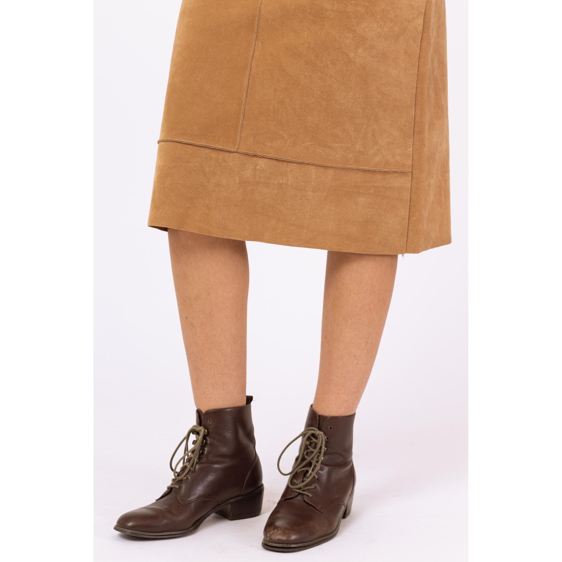 Vintage 90s Camel Faux Suede Midi Skirt - Small | A Line Drawstring Waist Minimalist Brown Skirt, Fall Neutral Skirt