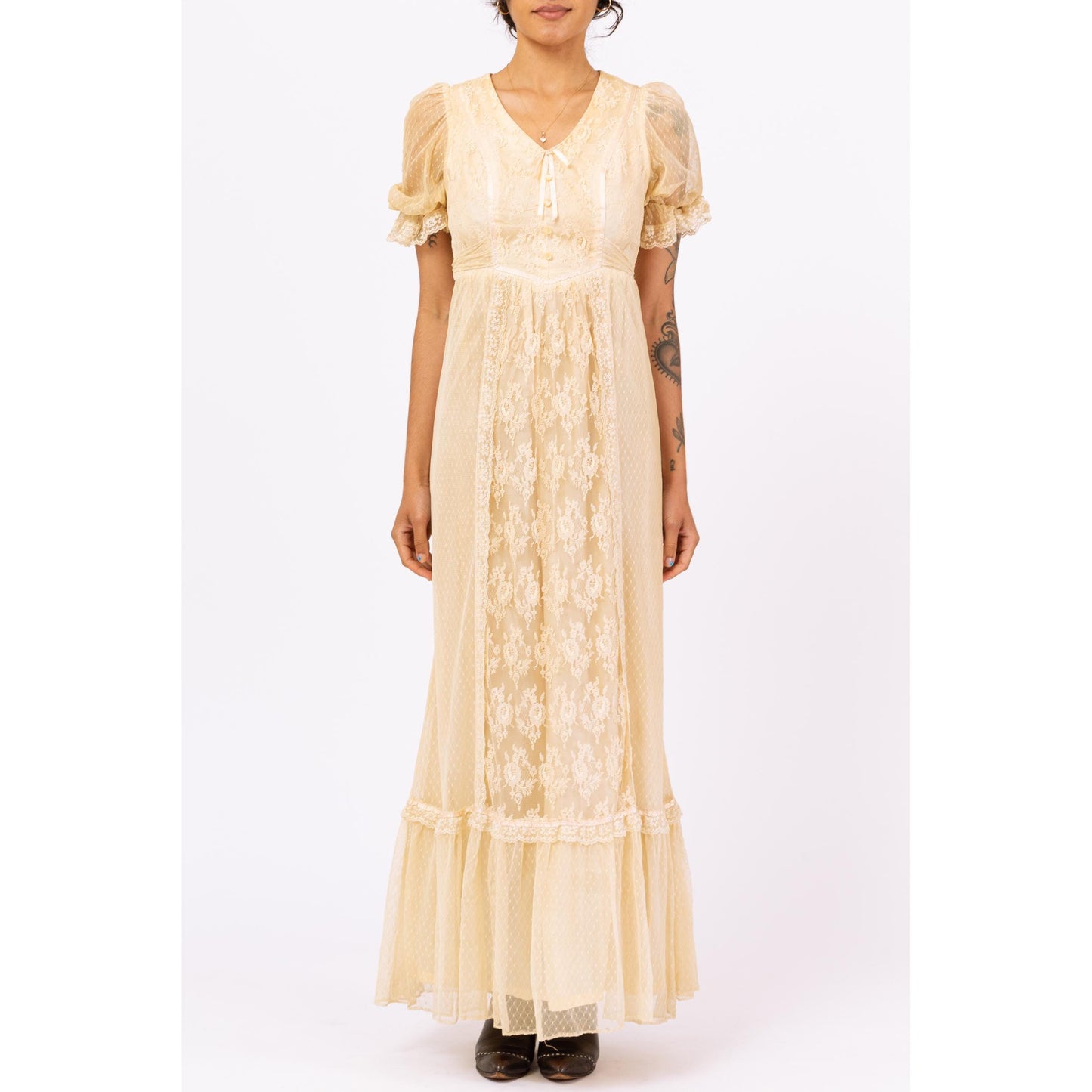 Vintage 70s Boho Ecru Lace Maxi Dress - Extra Small | Empire Waist Puff Sleeve Cottagecore Gown, Retro Wedding Dress