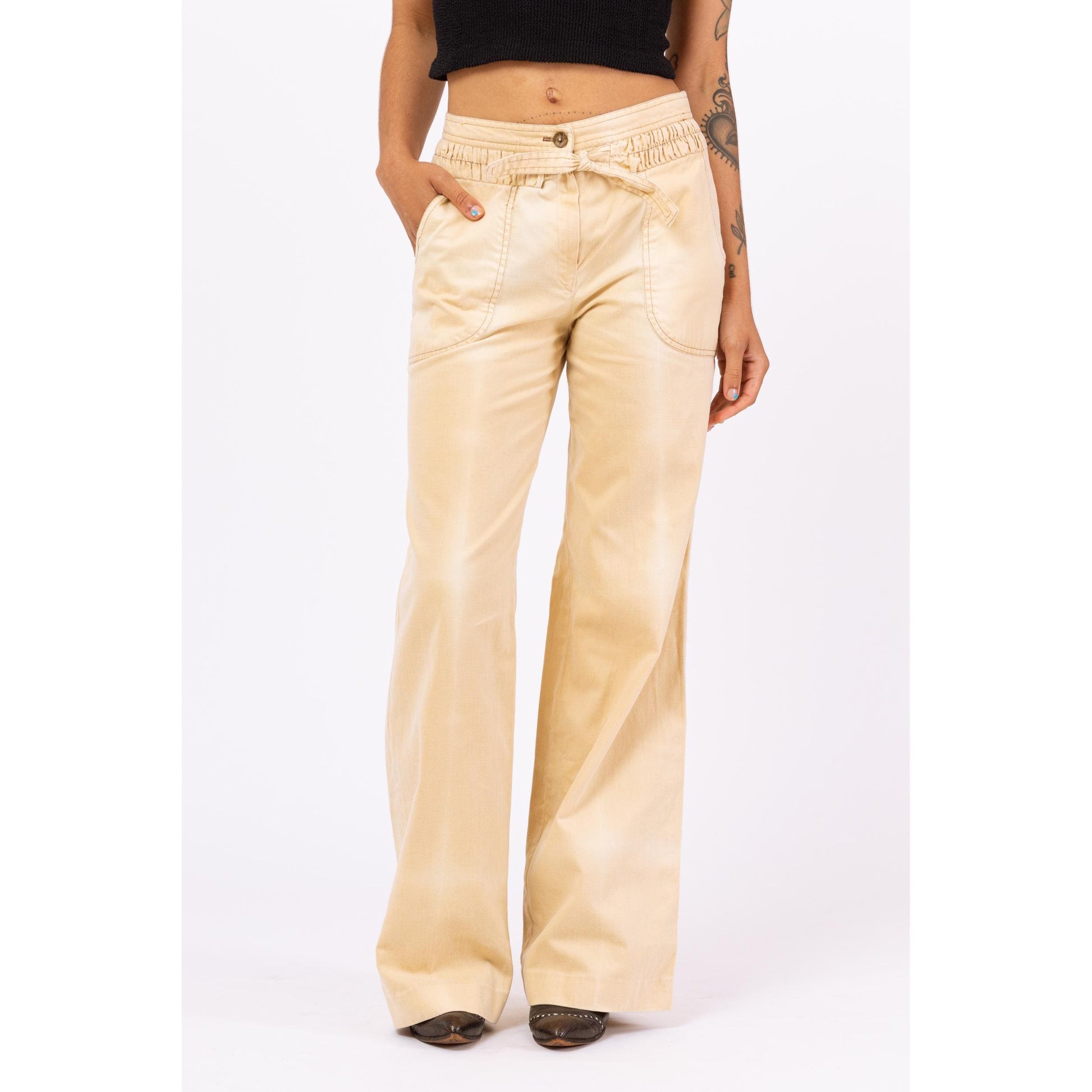 Vintage 70s Faded Tan Wide Leg Flared Pants - Small | Cotton Twill Tie Front Cinched Waist High Rise Trousers