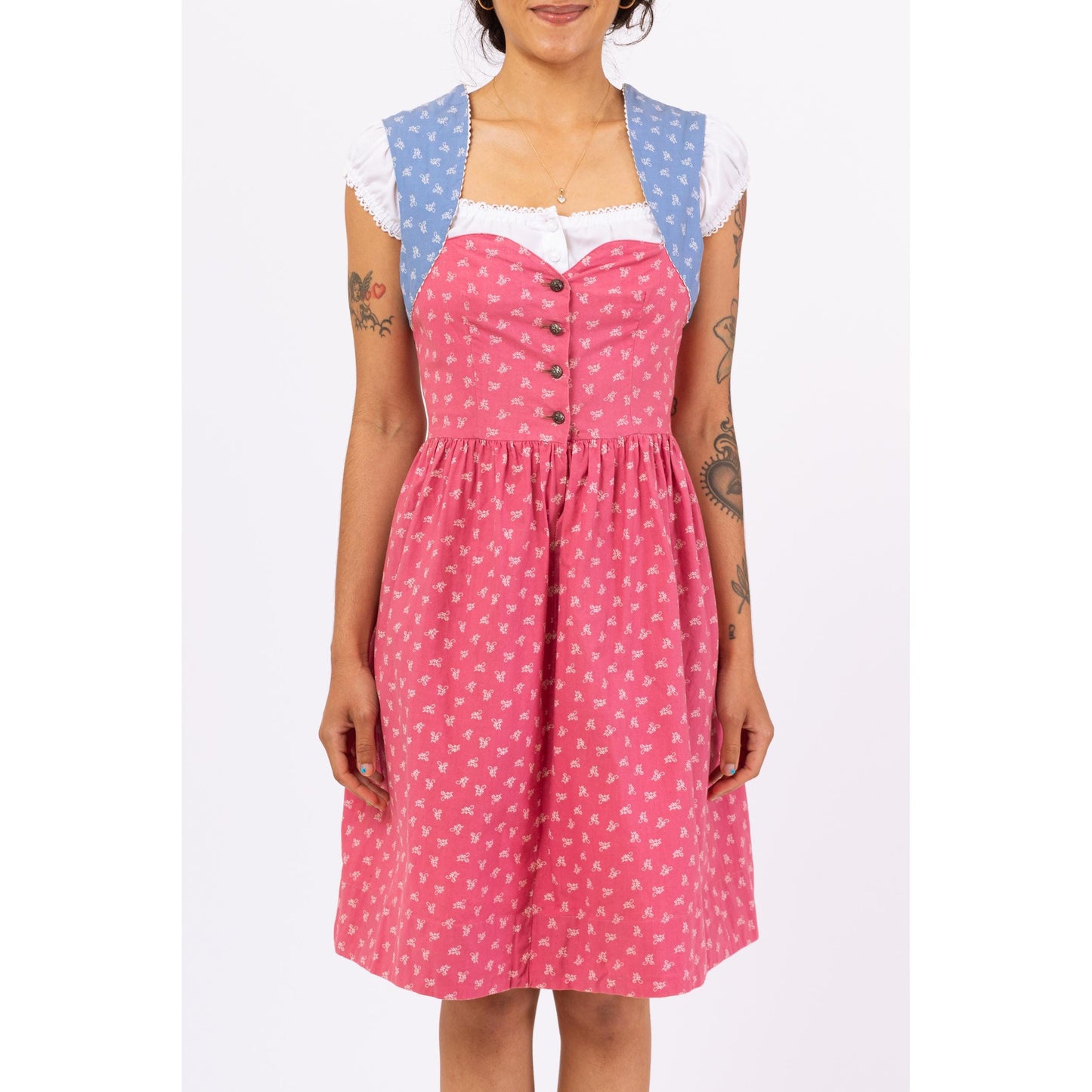 Vintage 70s Pink & Blue Floral Dirndl Dress - Small | Cottagecore Prairie Peasant Midi Dress, Boho Folk Outfit