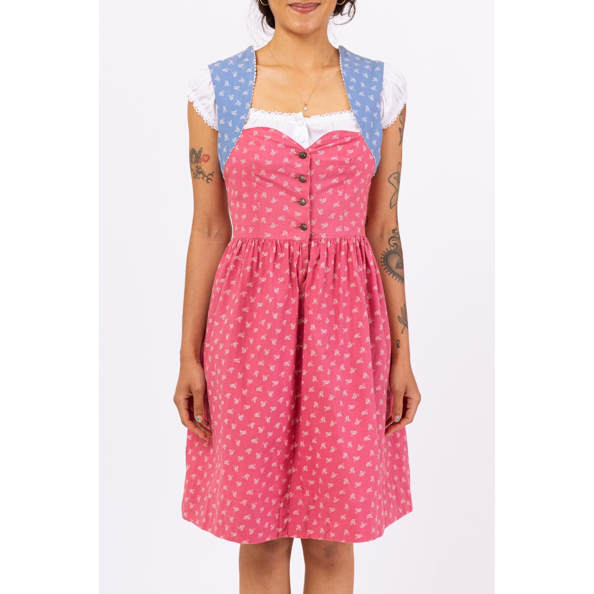 Vintage 70s Pink & Blue Floral Dirndl Dress - Small | Cottagecore Prairie Peasant Midi Dress, Boho Folk Outfit