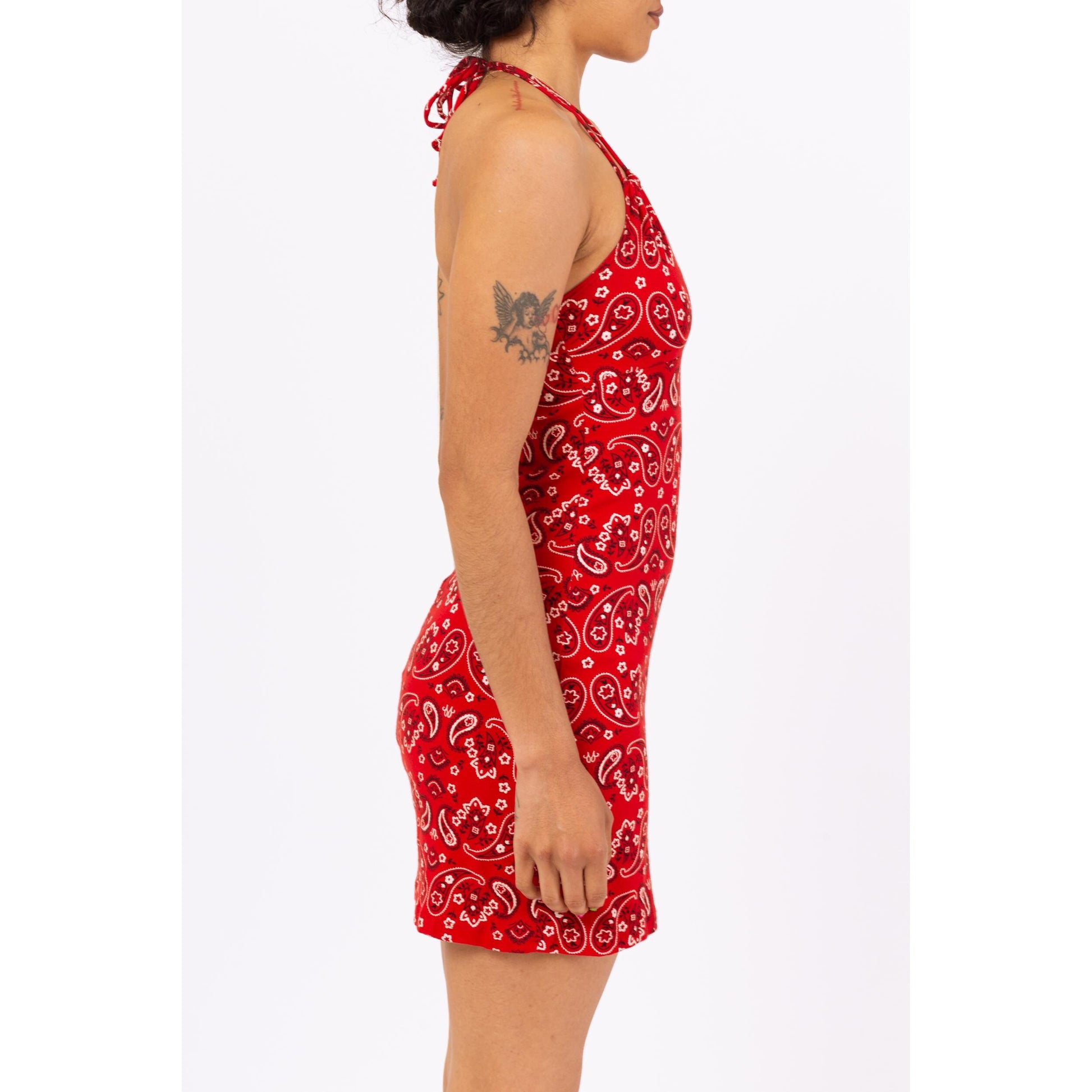 Vintage 90s Red Bandana Print Halter Mini Dress - Small | Western Y2K Festival Dress, Paisley Print Cotton Summer Sundress