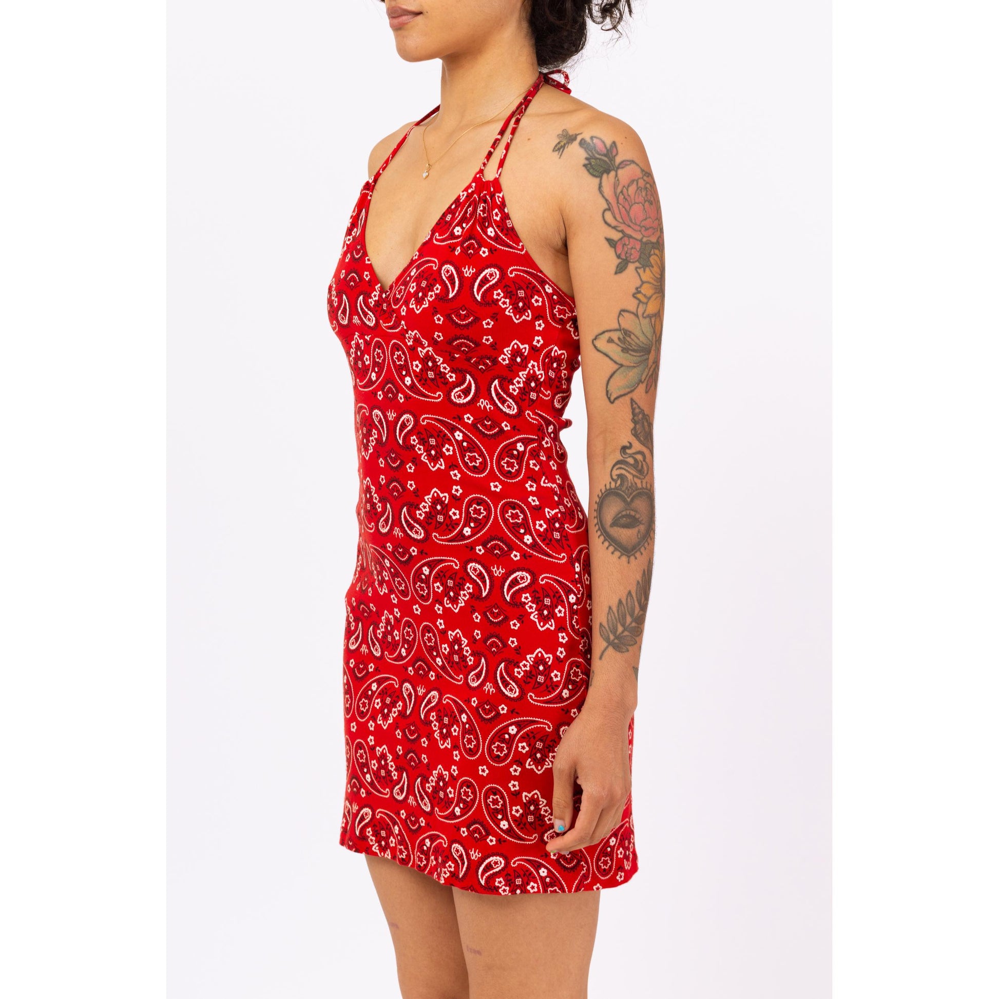 Vintage 90s Red Bandana Print Halter Mini Dress - Small | Western Y2K Festival Dress, Paisley Print Cotton Summer Sundress