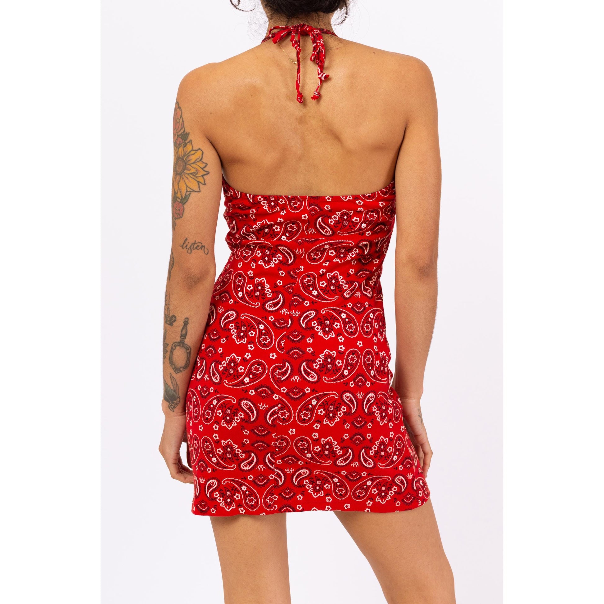 Vintage 90s Red Bandana Print Halter Mini Dress - Small | Western Y2K Festival Dress, Paisley Print Cotton Summer Sundress