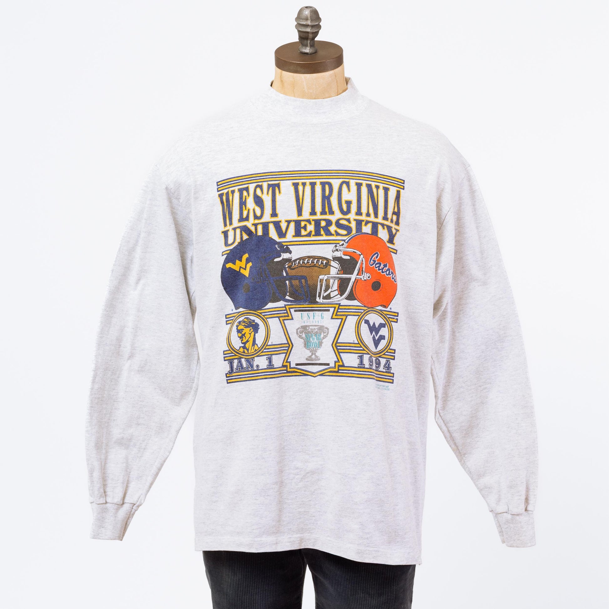 3 Vintage 90s West Virginia University Sugar Bowl Sweatshirt - Large to XL | 1994 Heather Grey College Football Pullover Crew Neck Sweater