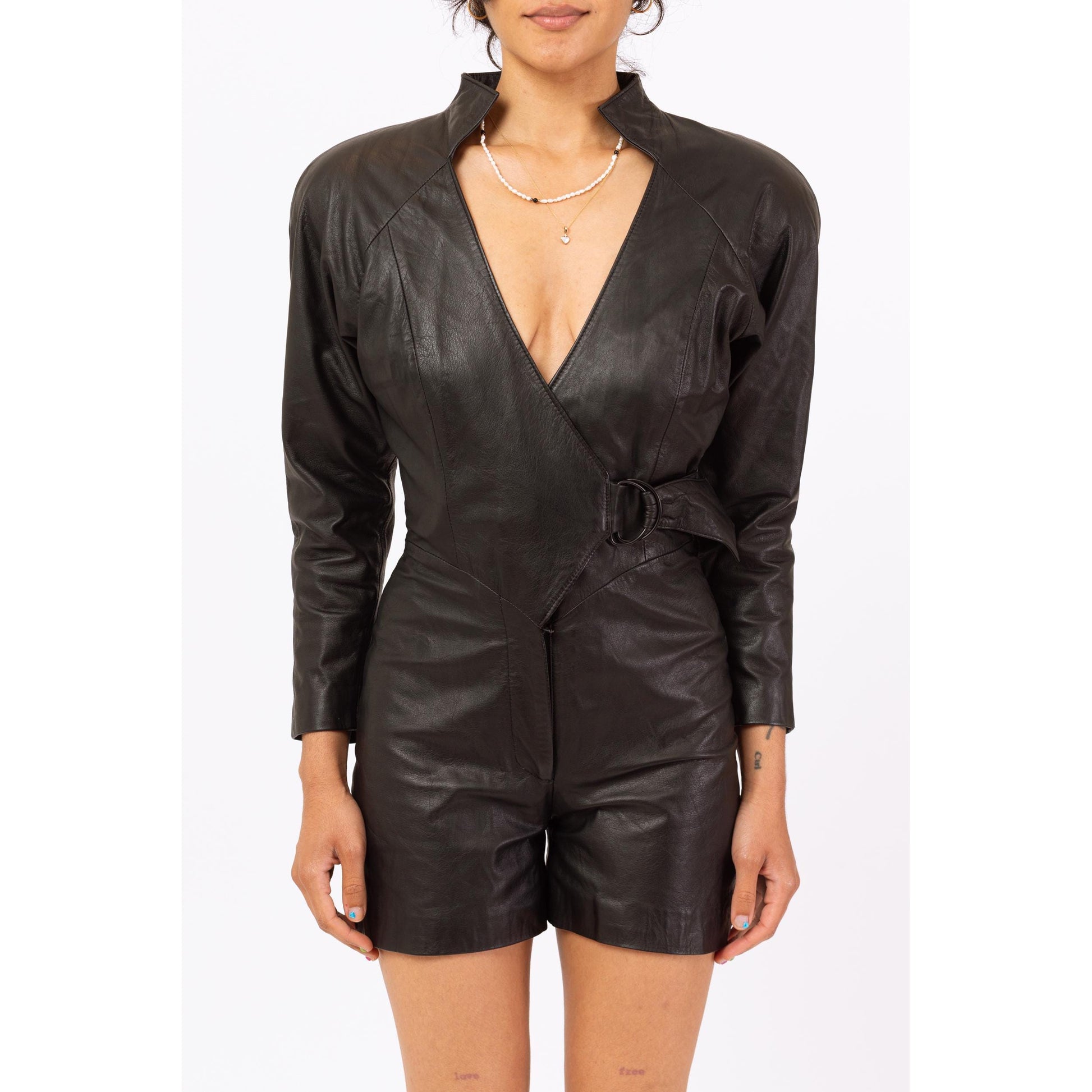 Vintage 80s Black Leather Biker Chic Romper - Small | V Neck Belted Short Moto Jumpsuit, Futuristic Goth Punk Outfit