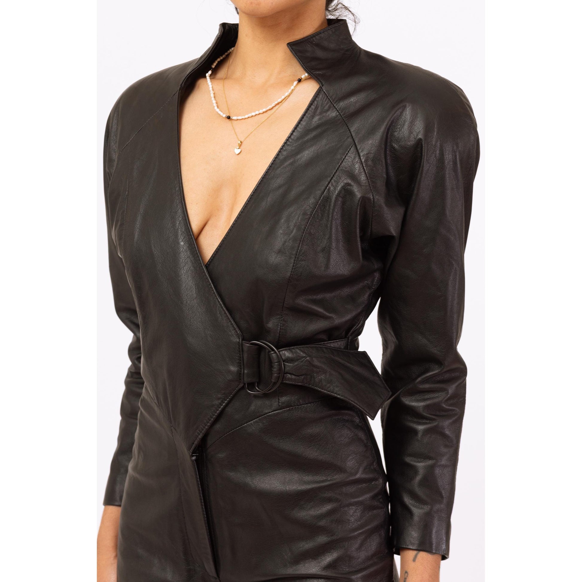 Vintage 80s Black Leather Biker Chic Romper - Small | V Neck Belted Short Moto Jumpsuit, Futuristic Goth Punk Outfit