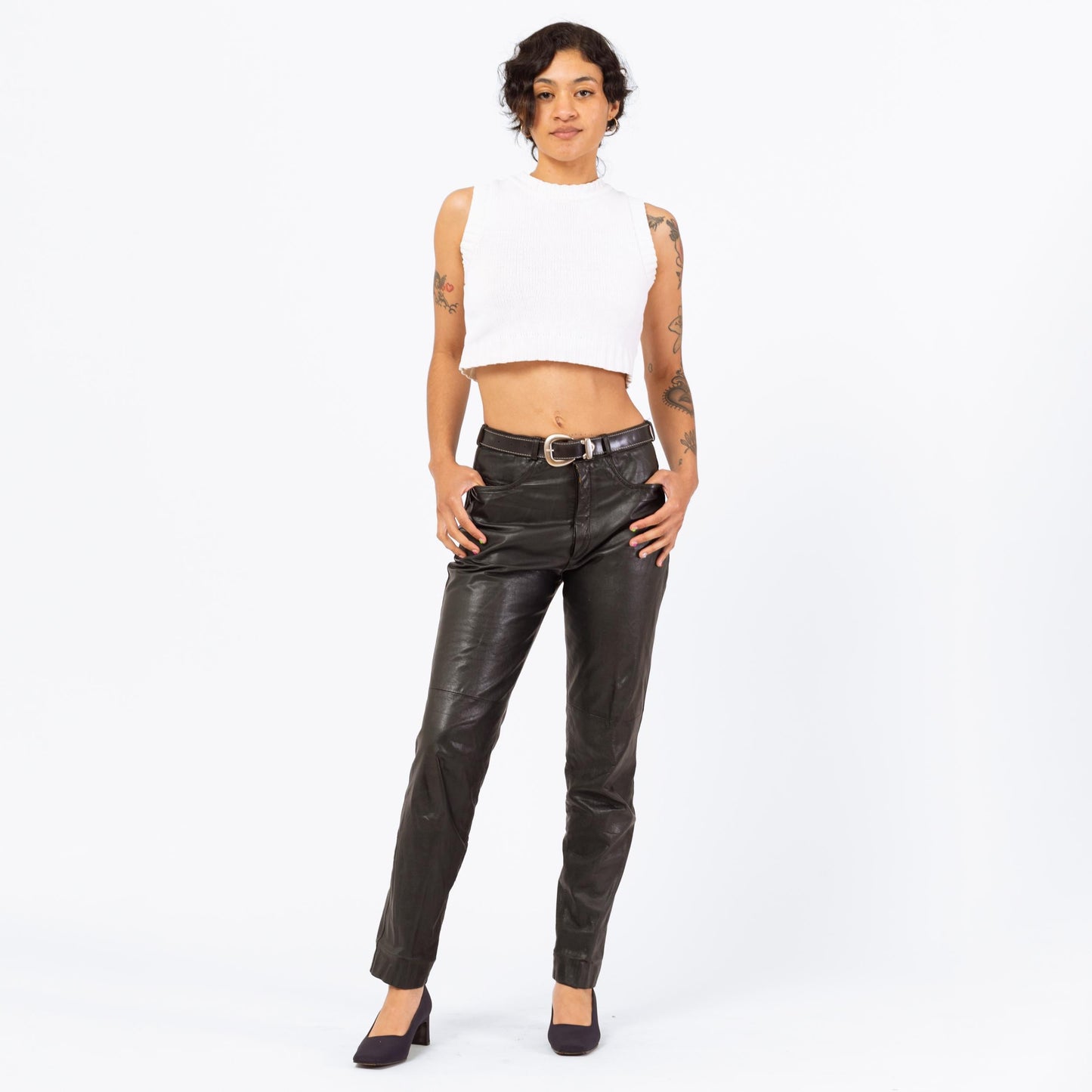 Vintage 80s Black Soft Leather Pants - Medium, 28" Waist | High Waisted Biker Chic Pants, Slim Tapered Leg Trousers