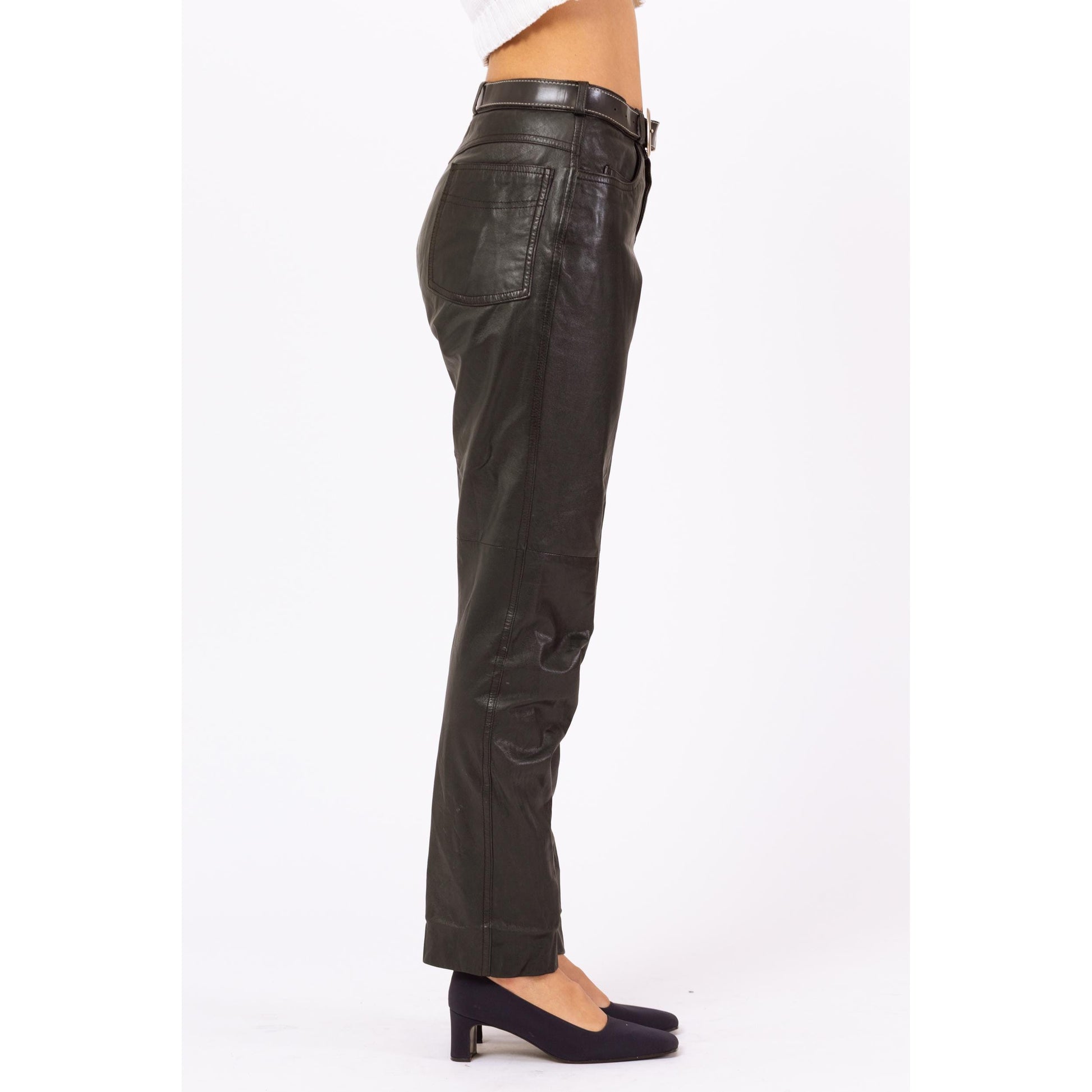 Vintage 80s Black Soft Leather Pants - Medium, 28" Waist | High Waisted Biker Chic Pants, Slim Tapered Leg Trousers