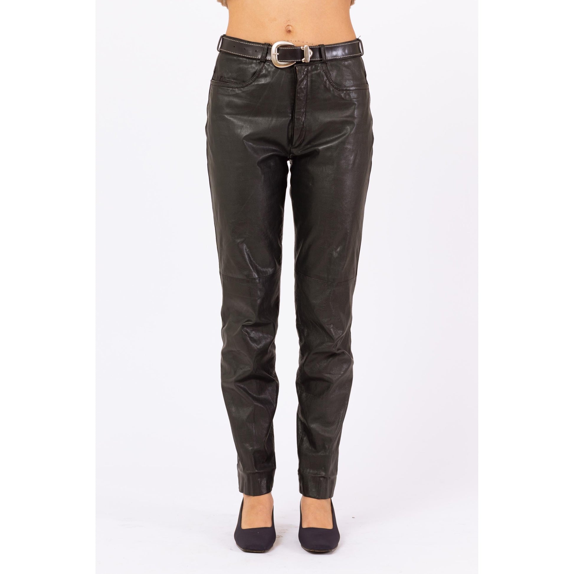 Vintage 80s Black Soft Leather Pants - Medium, 28" Waist | High Waisted Biker Chic Pants, Slim Tapered Leg Trousers