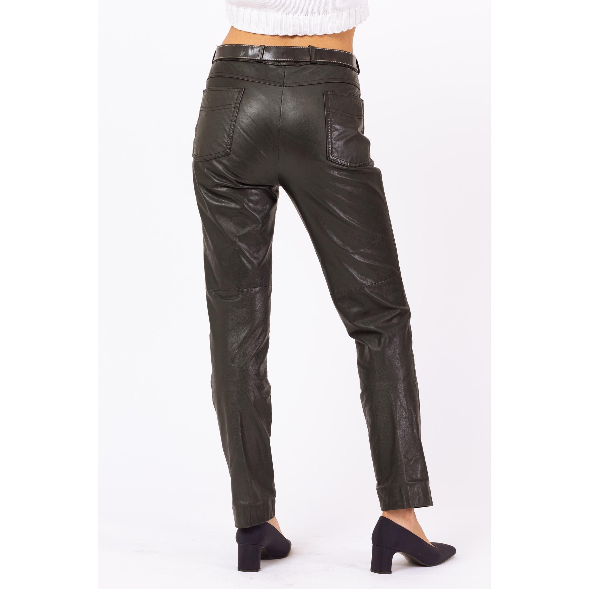 Vintage 80s Black Soft Leather Pants - Medium, 28" Waist | High Waisted Biker Chic Pants, Slim Tapered Leg Trousers
