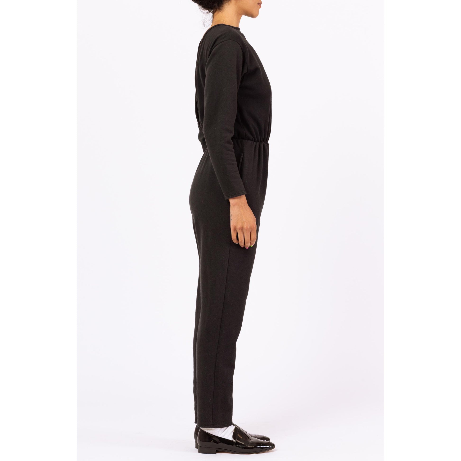 Vintage 80s Black Deep V Lounge Jumpsuit - Small to Medium | Long Sleeve Sweatshirt One Piece, Minimalist Pantsuit
