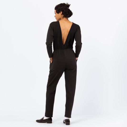 Vintage 80s Black Deep V Lounge Jumpsuit - Small to Medium | Long Sleeve Sweatshirt One Piece, Minimalist Pantsuit