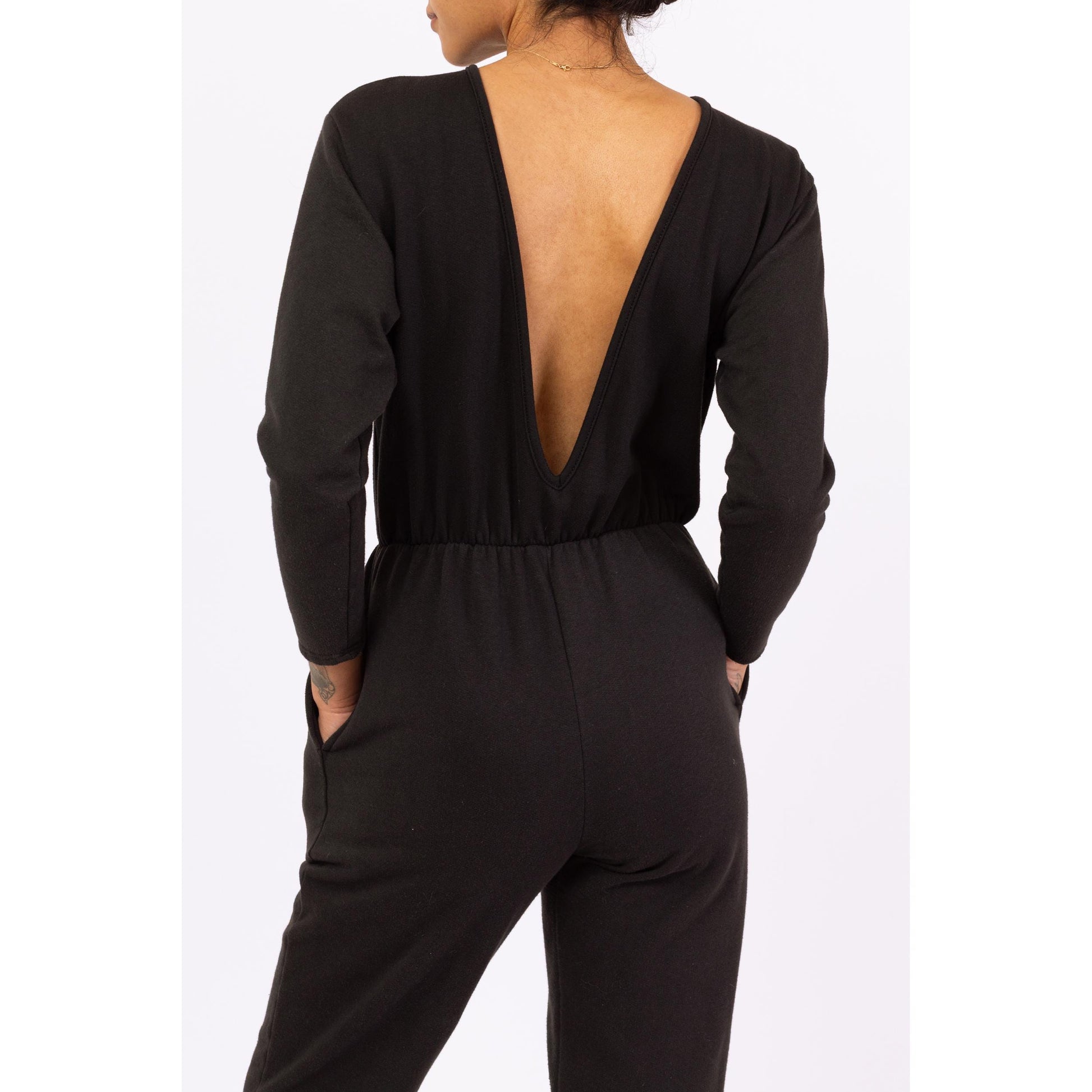 Vintage 80s Black Deep V Lounge Jumpsuit - Small to Medium | Long Sleeve Sweatshirt One Piece, Minimalist Pantsuit