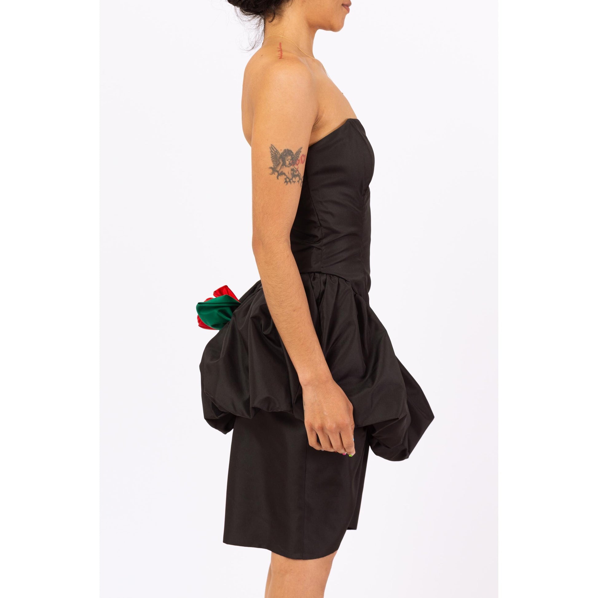 Vintage 80s Black Peplum Rose Party Dress - Small | Strapless Bubble Skirt Mini Dress, Retro 1980s Prom Dress