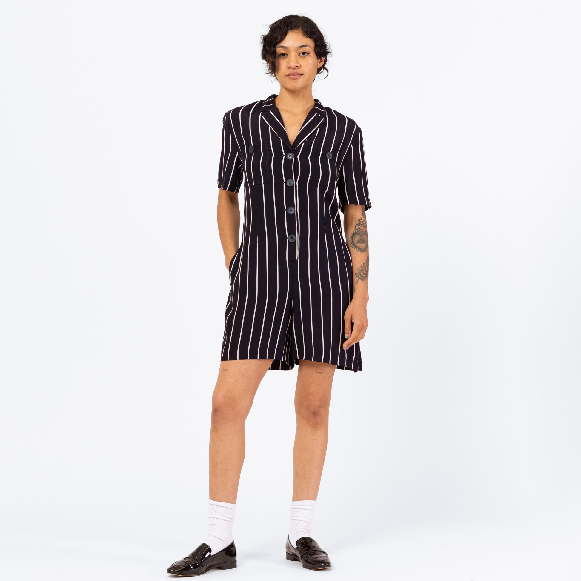 Vintage 90s Navy Blue Pinstriped Romper - Small | Minimalist Short Sleeve Collared Grunge Playsuit