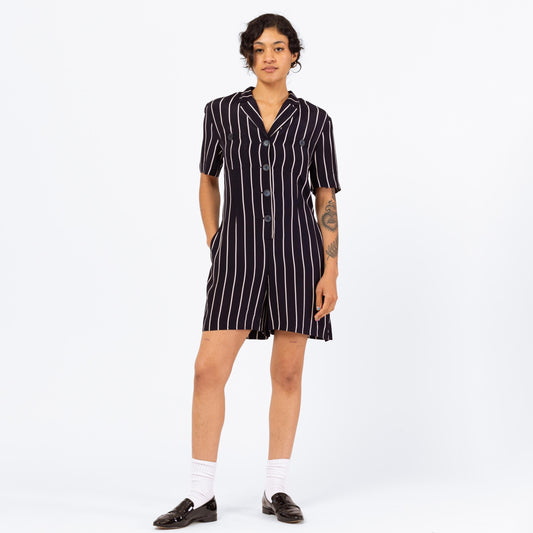 Vintage 90s Navy Blue Pinstriped Romper - Small | Minimalist Short Sleeve Collared Grunge Playsuit