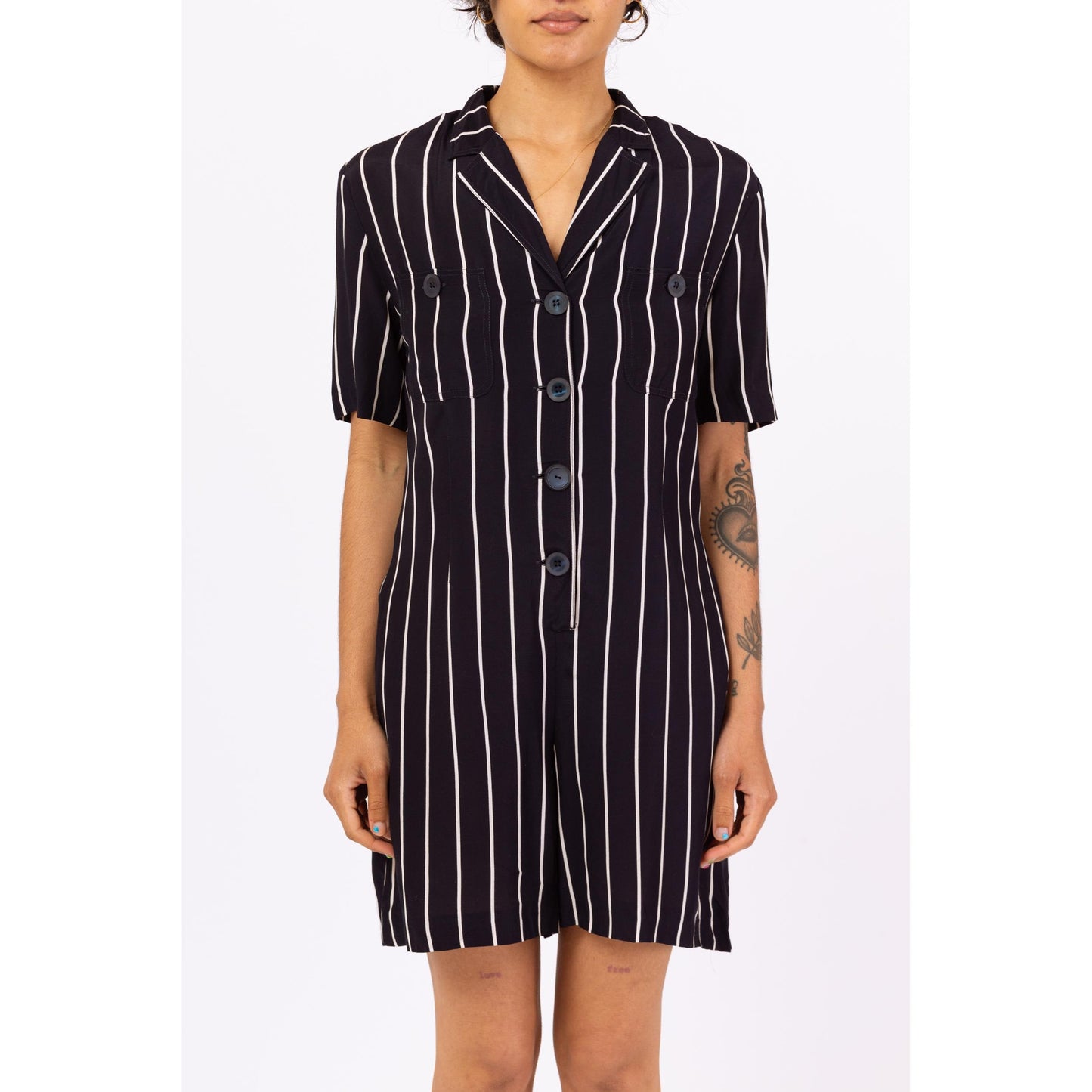 Vintage 90s Navy Blue Pinstriped Romper - Small | Minimalist Short Sleeve Collared Grunge Playsuit