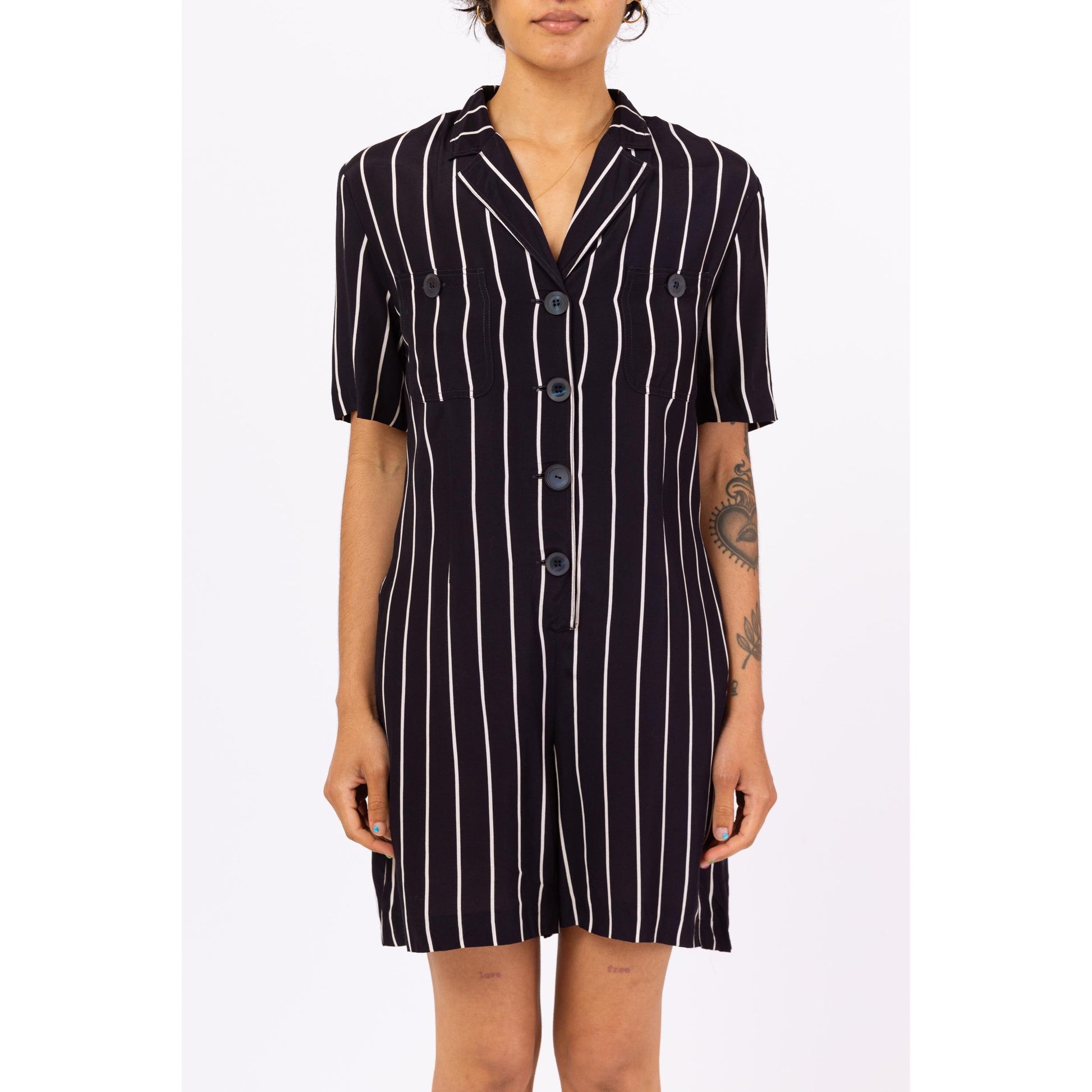Vintage 90s Navy Blue Pinstriped Romper - Small | Minimalist Short Sleeve Collared Grunge Playsuit
