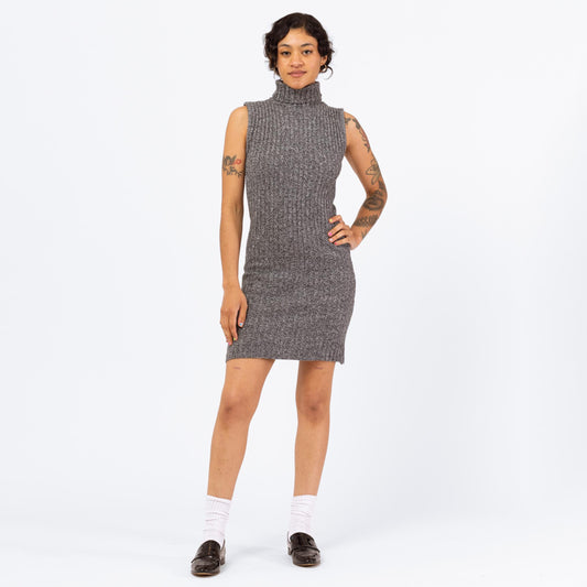 Vintage 90s Grey Ribbed Knit Mini Sweater Dress - Small to Medium | Minimalist Sleeveless Turtleneck Marled Knit Bodycon Dress