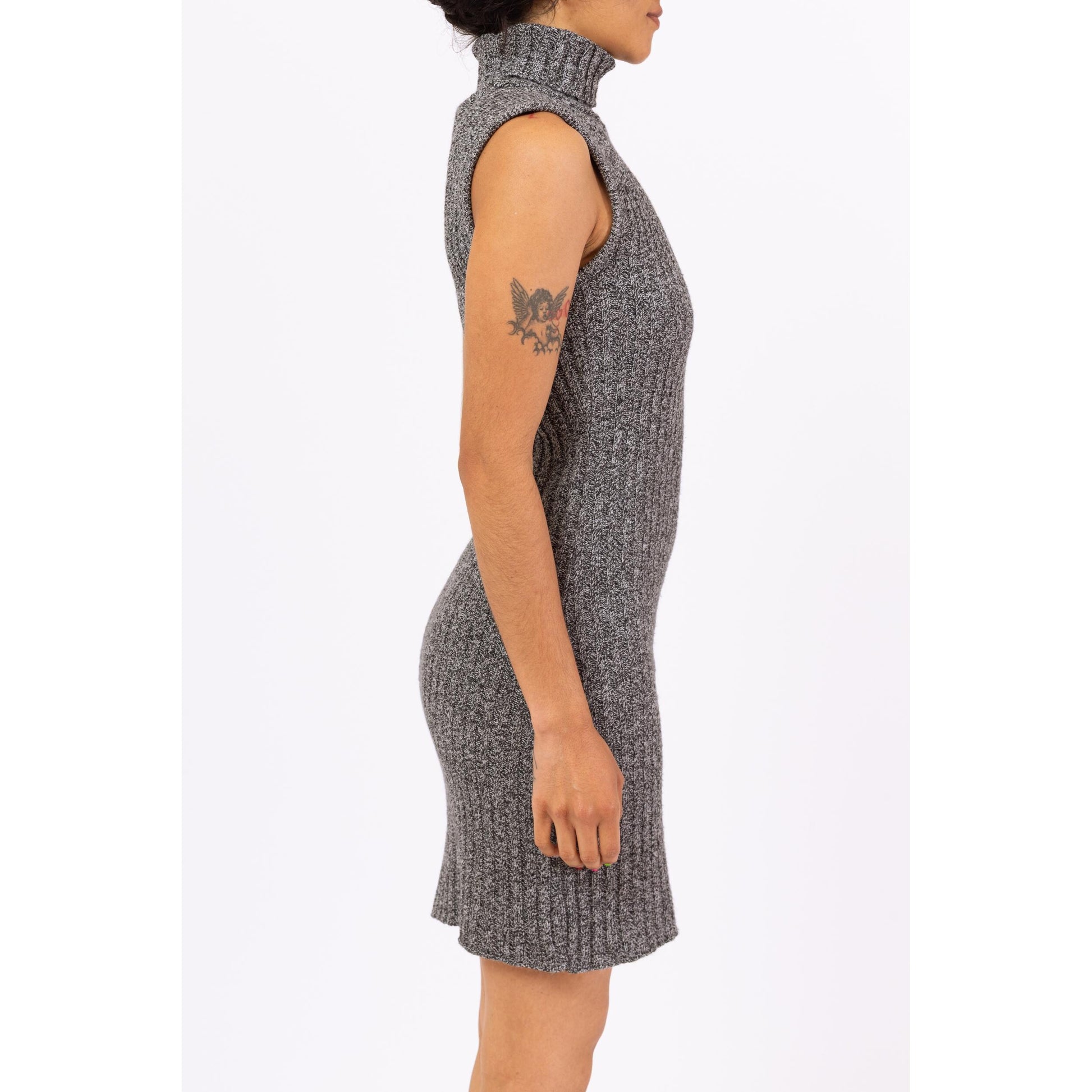 Vintage 90s Grey Ribbed Knit Mini Sweater Dress - Small to Medium | Minimalist Sleeveless Turtleneck Marled Knit Bodycon Dress