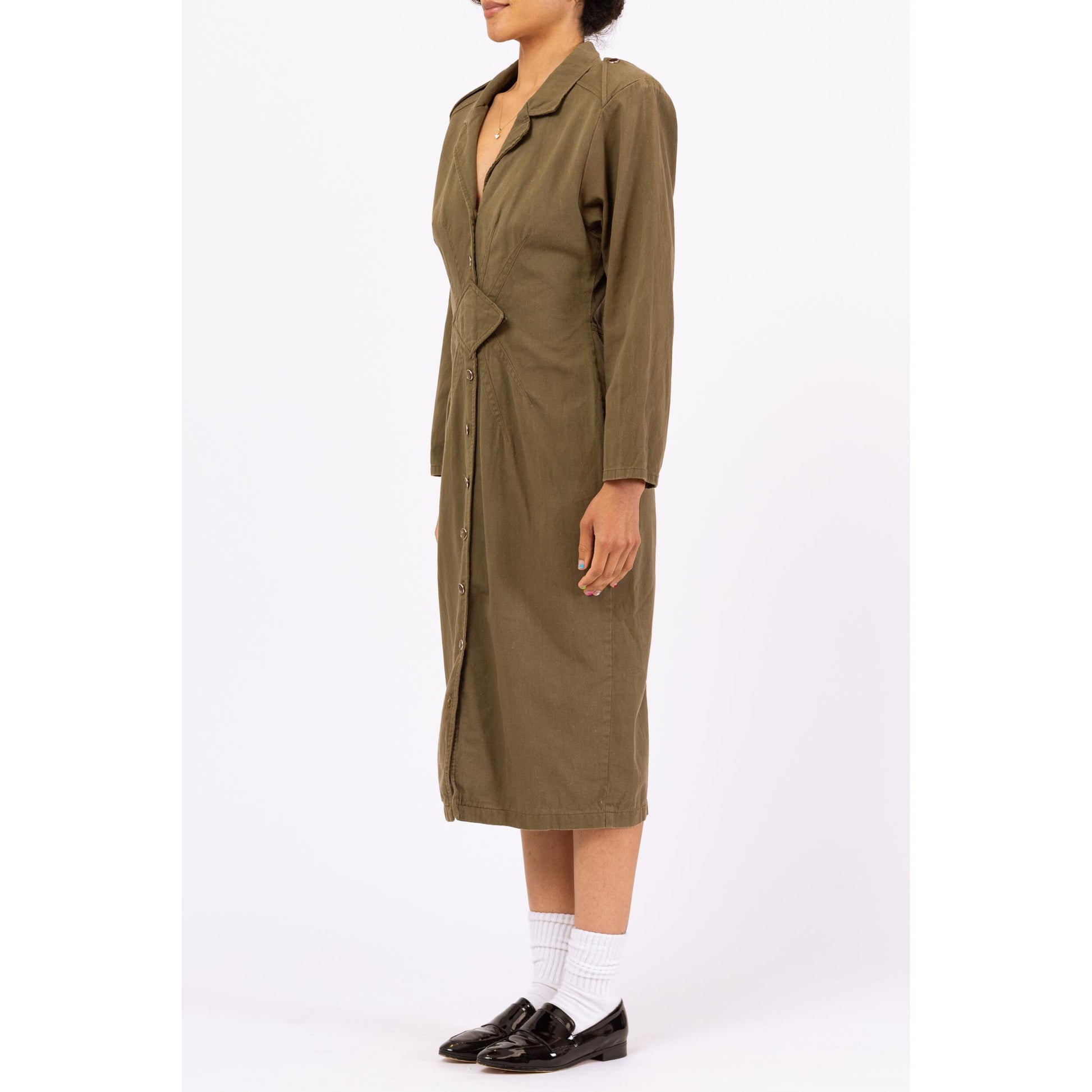 Vintage 90s Olive Green Military Style Midi Shirtdress - Medium | Deco Button Front Long Sleeve Cotton Midi Dress