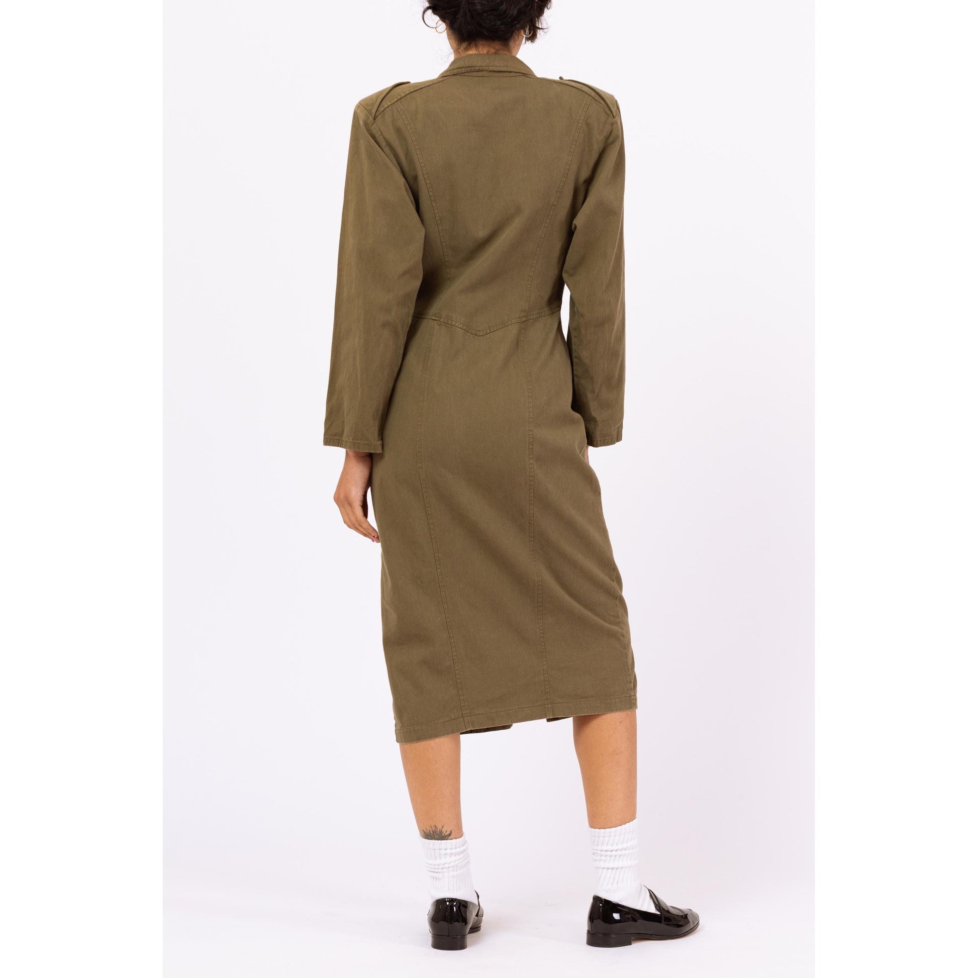 Vintage 90s Olive Green Military Style Midi Shirtdress - Medium | Deco Button Front Long Sleeve Cotton Midi Dress