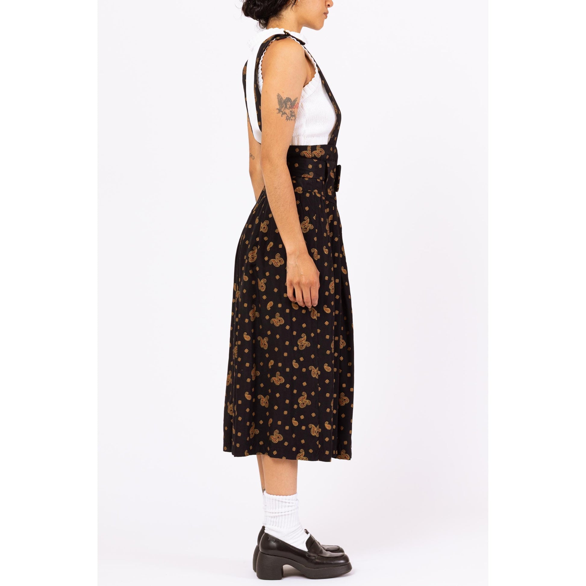 Vintage 80s Black Paisley Pinafore Dress - Small | Cottagecore Midi Jumper Dress, Belted Basque Waist Suspender Dress
