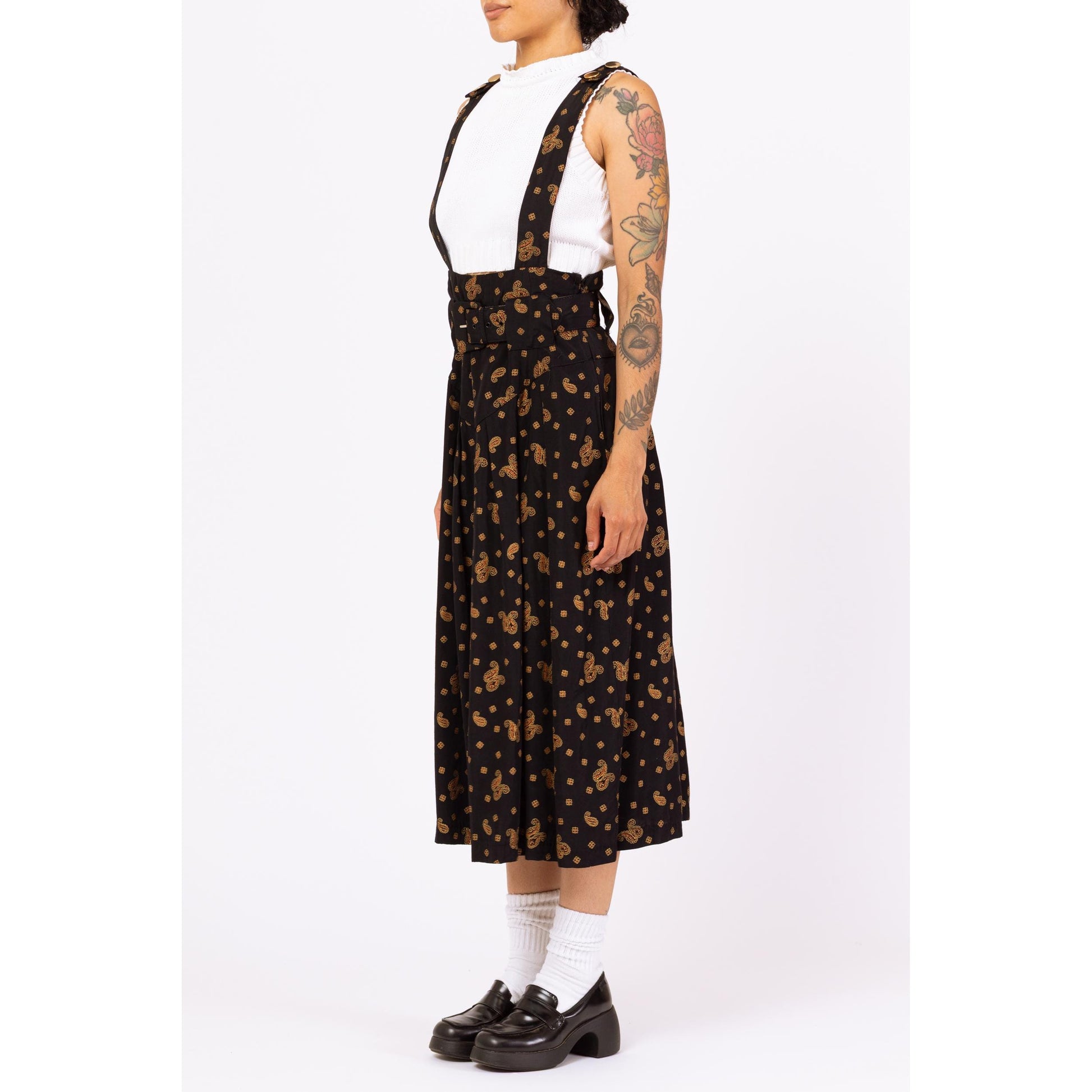 Vintage 80s Black Paisley Pinafore Dress - Small | Cottagecore Midi Jumper Dress, Belted Basque Waist Suspender Dress