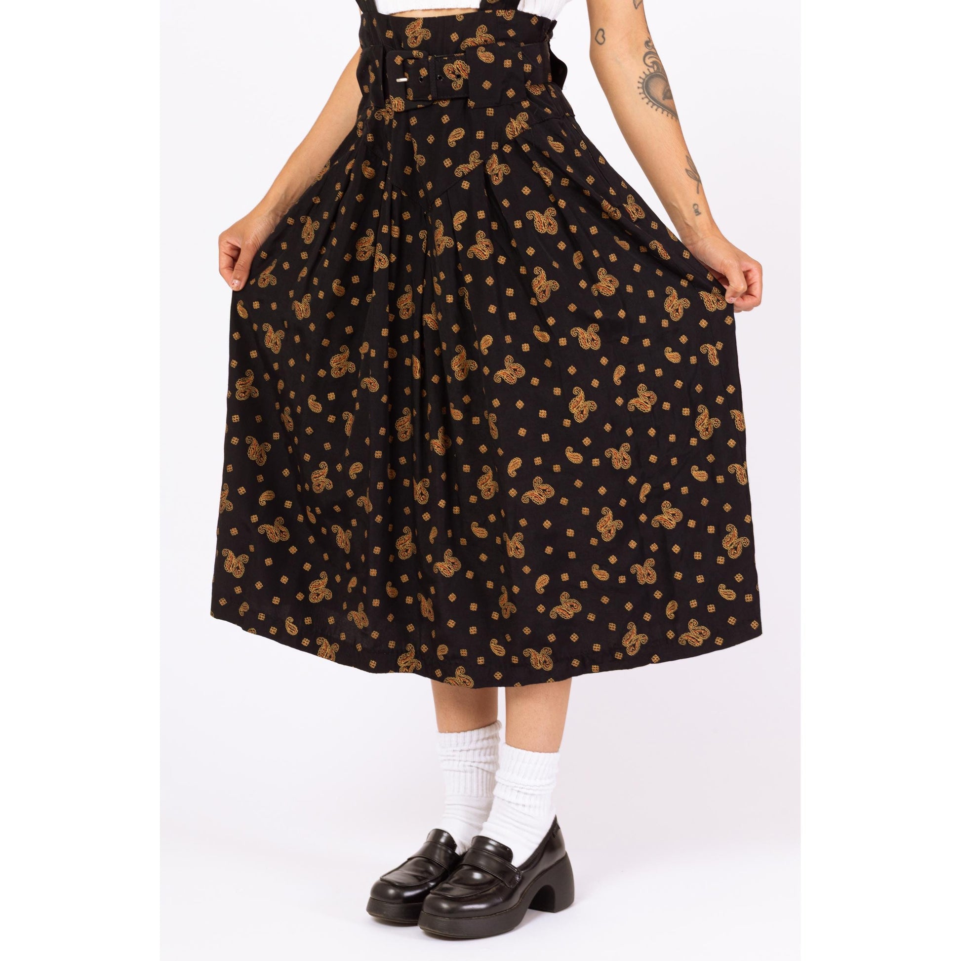 Vintage 80s Black Paisley Pinafore Dress - Small | Cottagecore Midi Jumper Dress, Belted Basque Waist Suspender Dress