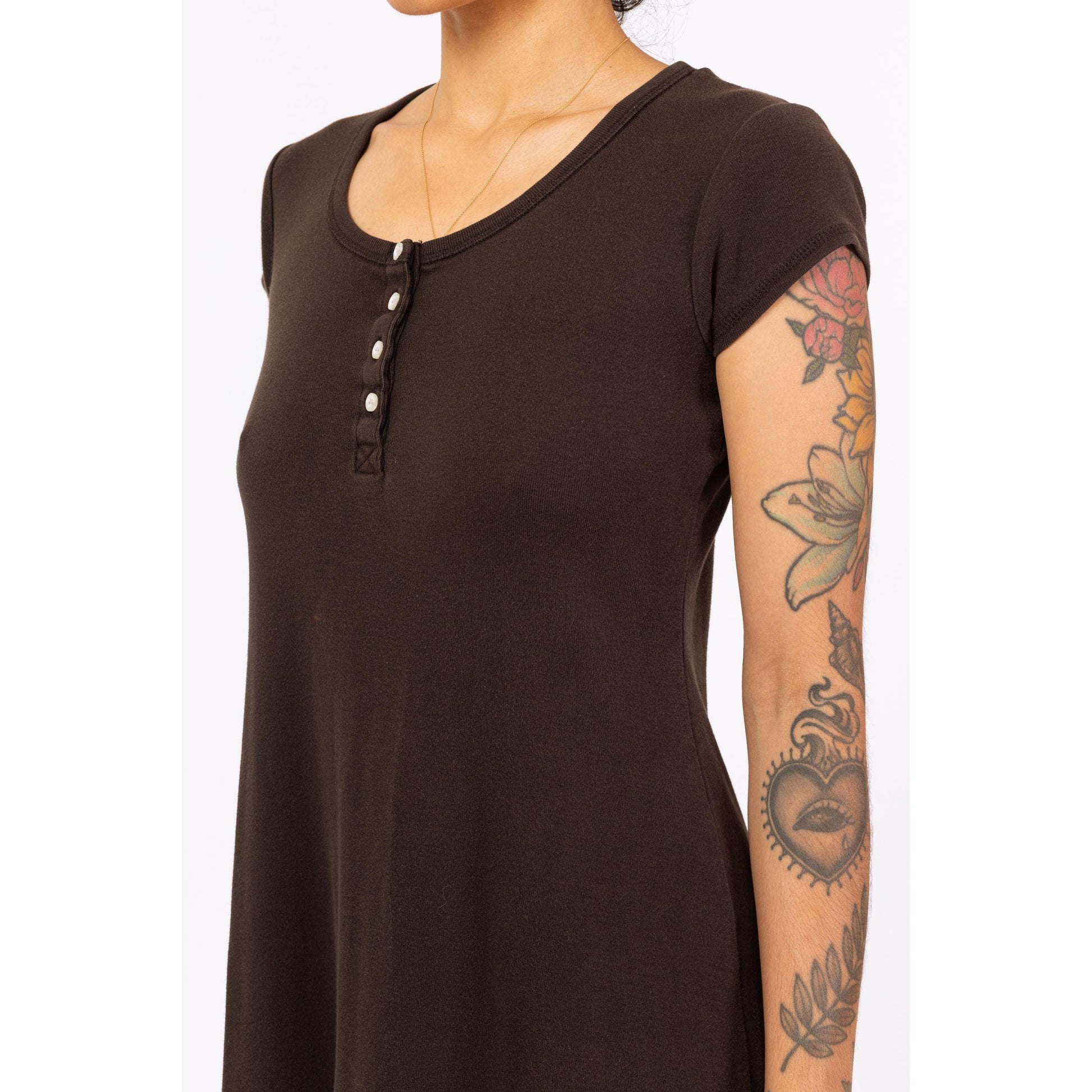 Vintage 90s Black Jersey Midi Dress - Medium | Cap Sleeve Minimalist Grunge Scoop Neck Henley Day Dress