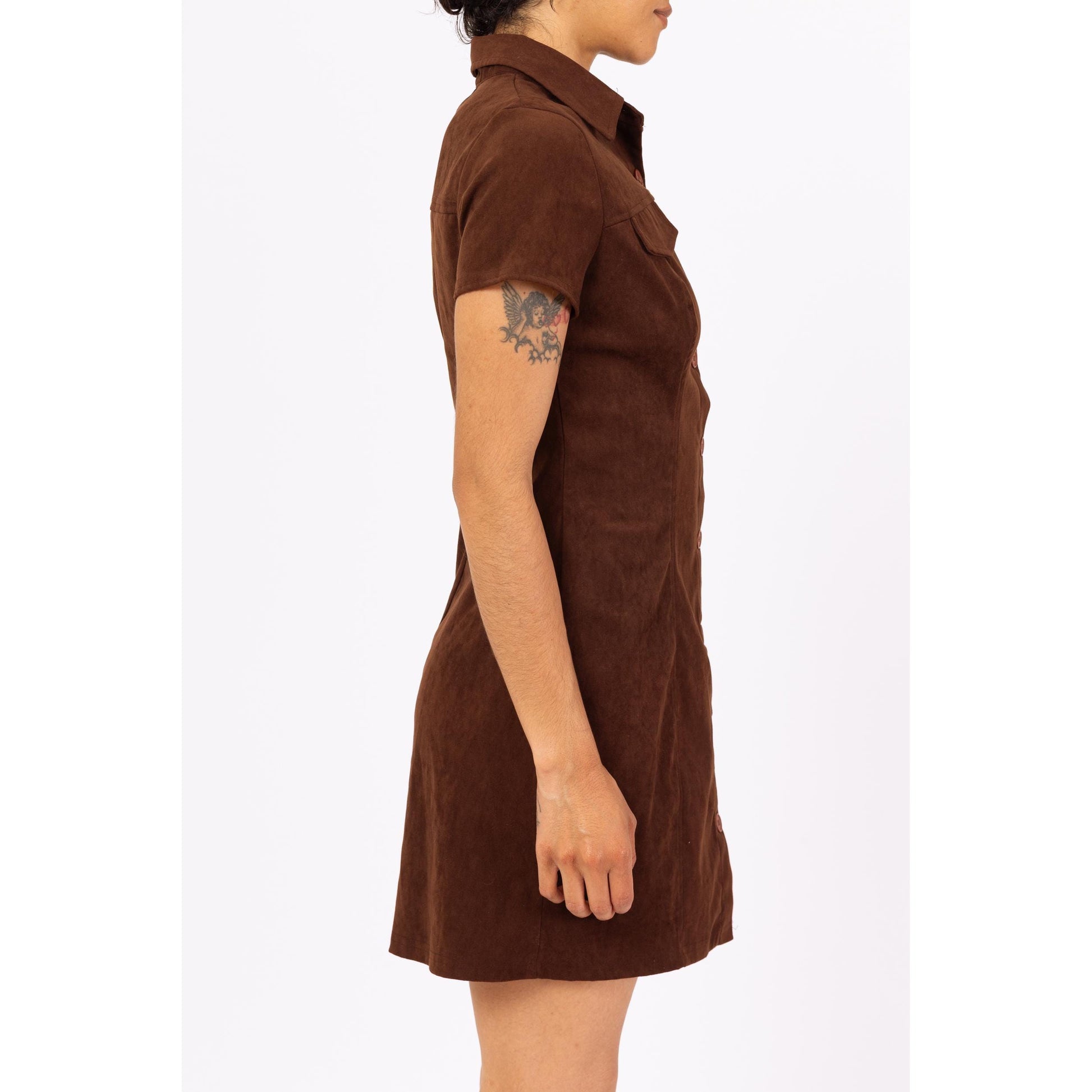 Vintage 90s Brown Ultrasuede Mini Shirt Dress - XS to Small | Collared Button Front Short Sleeve Minimalist Dress