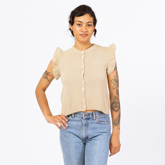 Vintage 70s Beige Knit Flutter Sleeve Top - Extra Small | Boho Vintage Ribbed Button Up Sweater Shirt