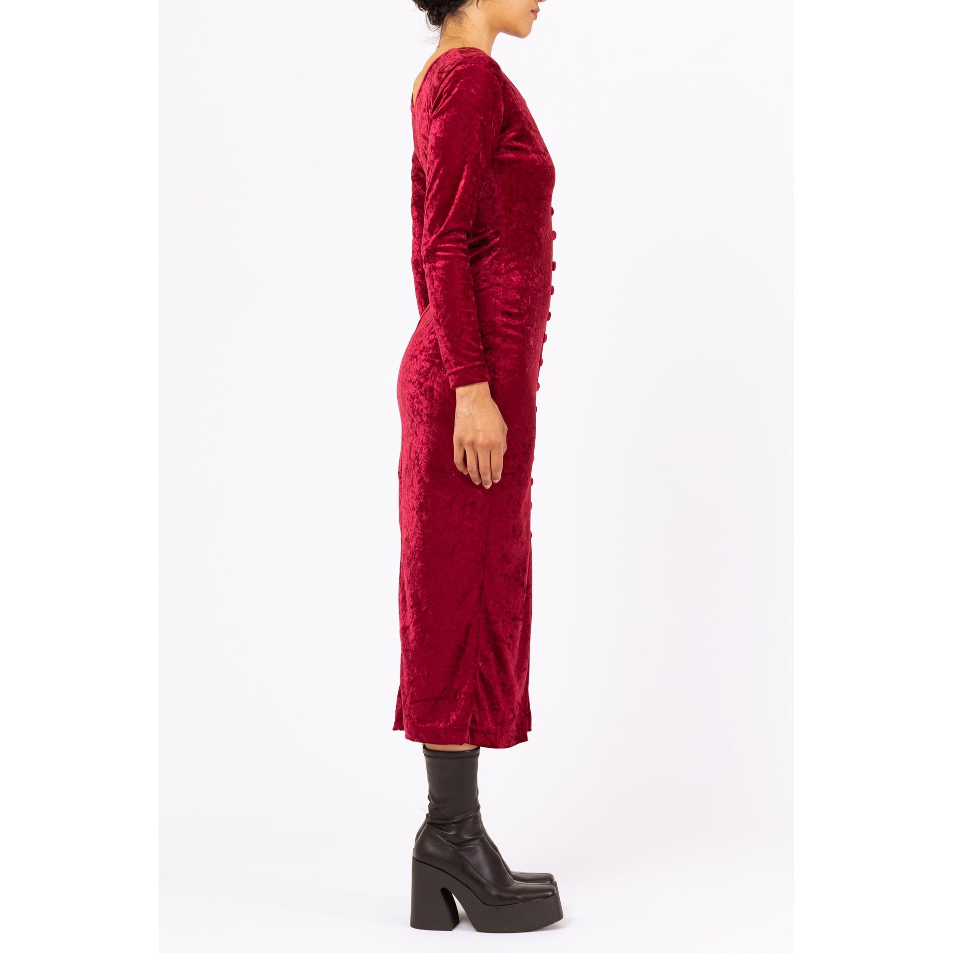 Vintage 90s Wine Red Crushed Velvet Midi Dress - Small | Long Sleeve Bodycon Party Dress, Grunge Button Front Dress
